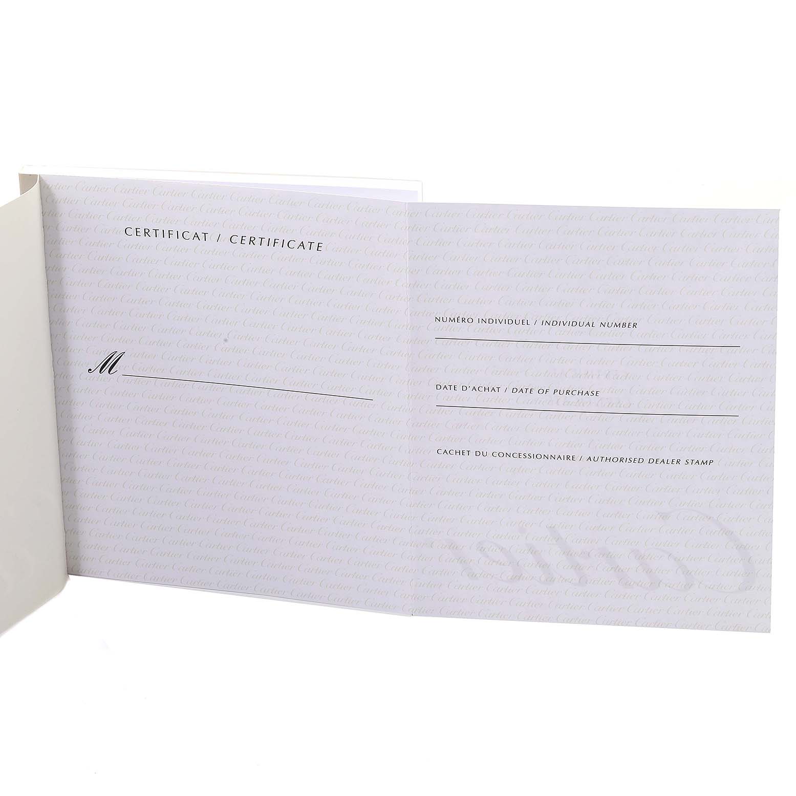 The image shows an open certificate card for the Cartier Pasha W31075M7 Women's Stainless Steel Pink Dial W31075M7 Women's Stainless Steel Pink Dial watch.