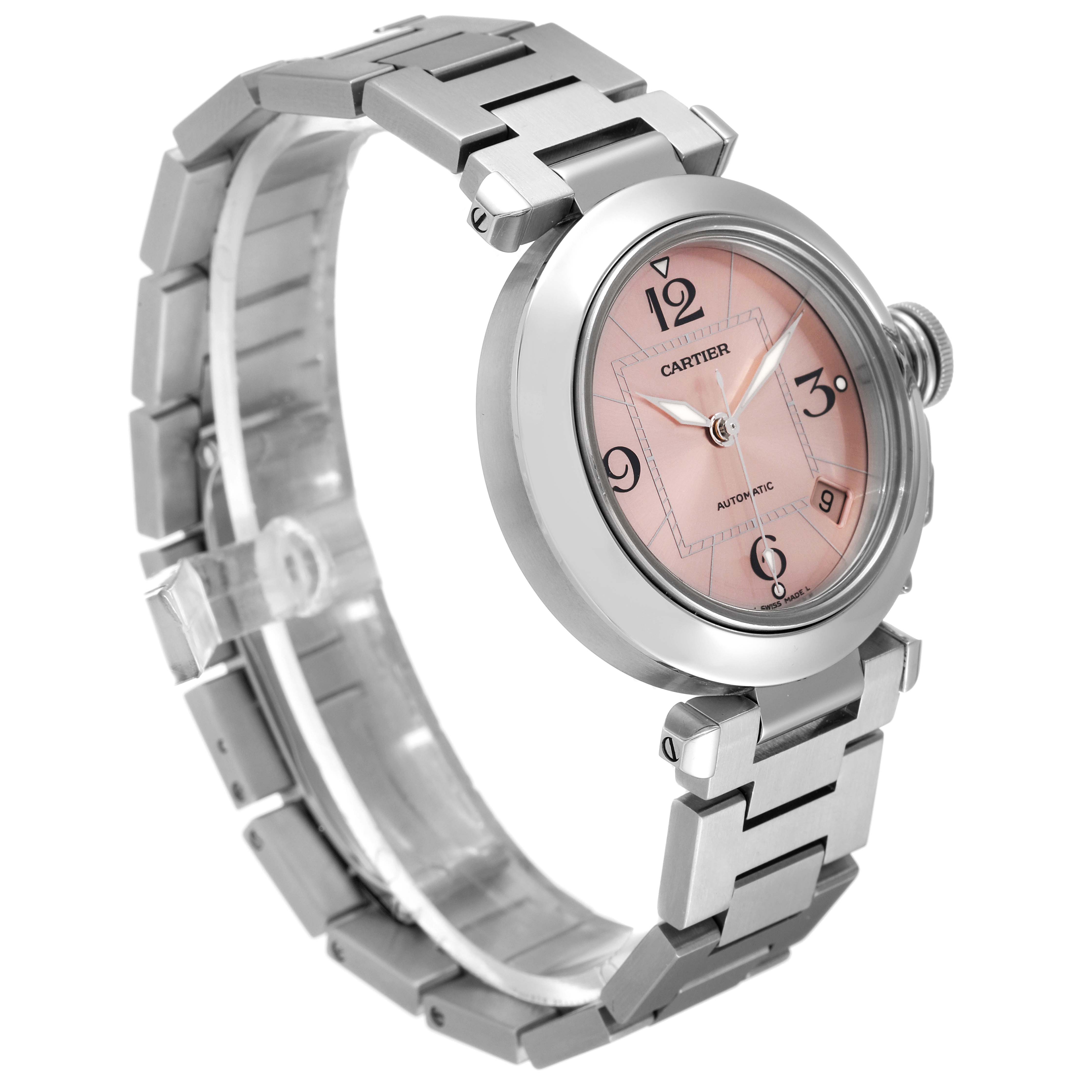 The Cartier Pasha W31075M7 Women's Stainless Steel Pink Dial W31075M7 Women's Stainless Steel Pink Dial watch is shown at a slight angle, displaying its face, lugs, crown, and stainless steel bracelet.