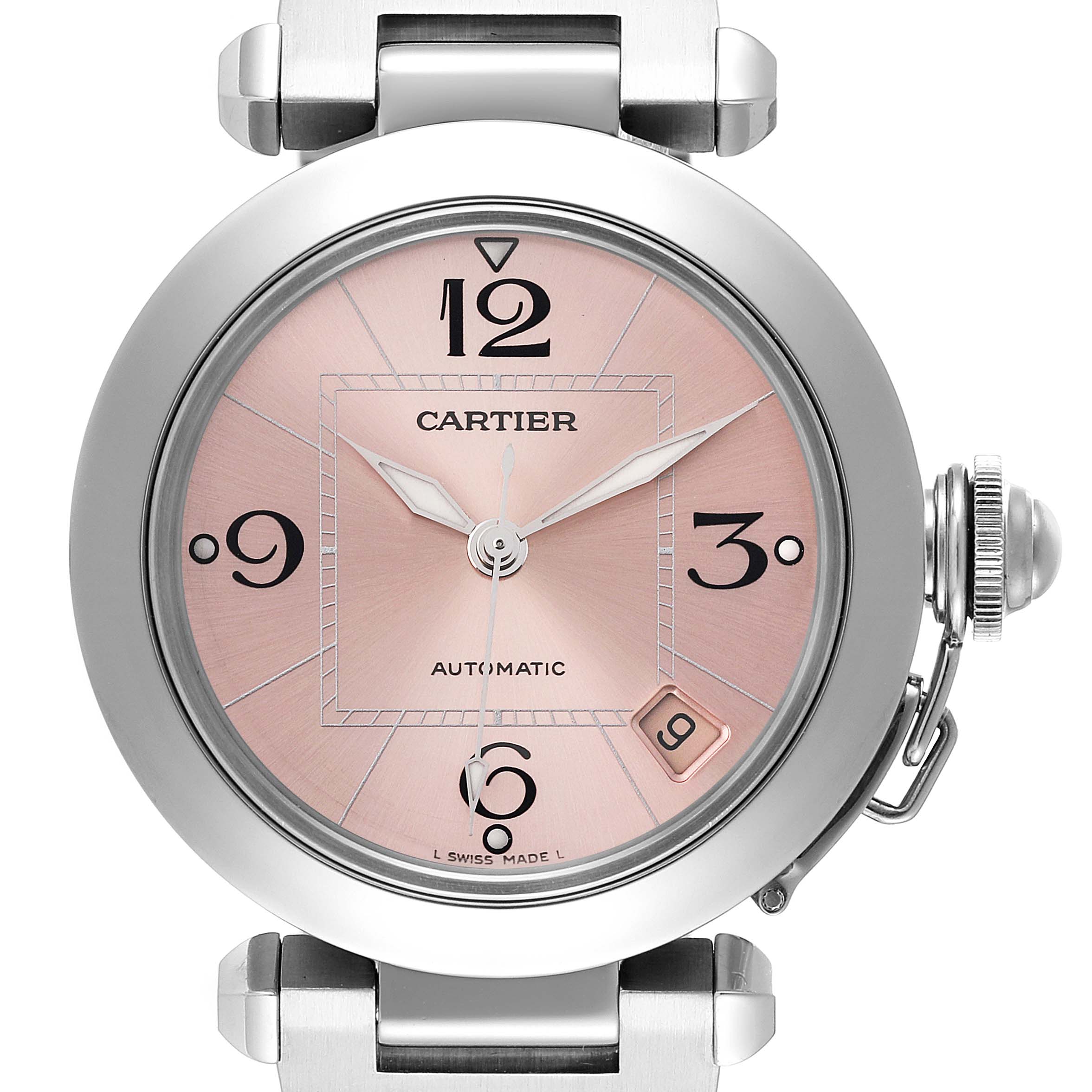 The image shows a front view of the Cartier Pasha W31075M7 Women's Stainless Steel Pink Dial W31075M7 Women's Stainless Steel Pink Dial watch, highlighting its round case, pink dial, and date window.