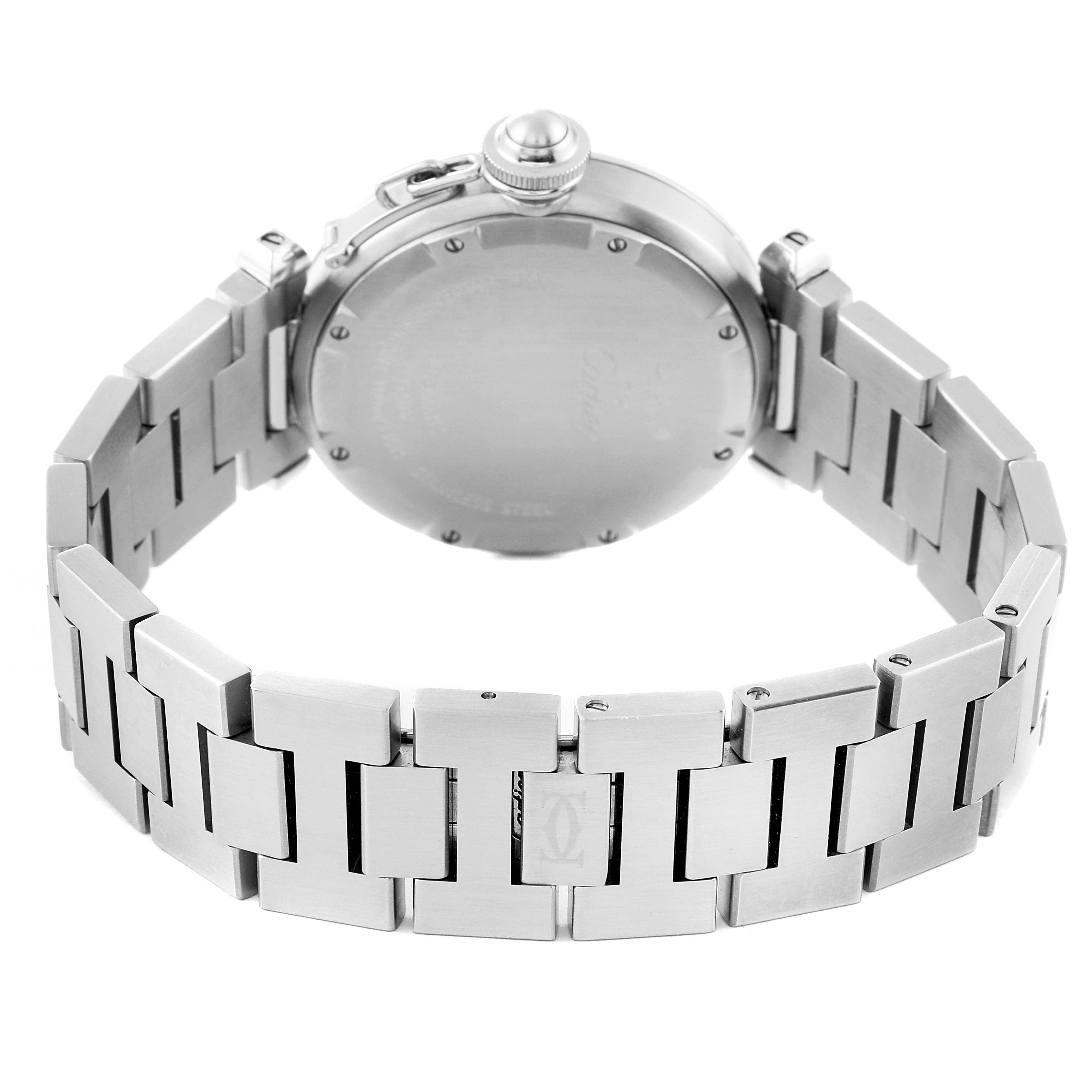 This image shows the back casing and metal bracelet of the Cartier Pasha W31075M7 Women's Stainless Steel Pink Dial W31075M7 Women's Stainless Steel Pink Dial watch at a slight angle.