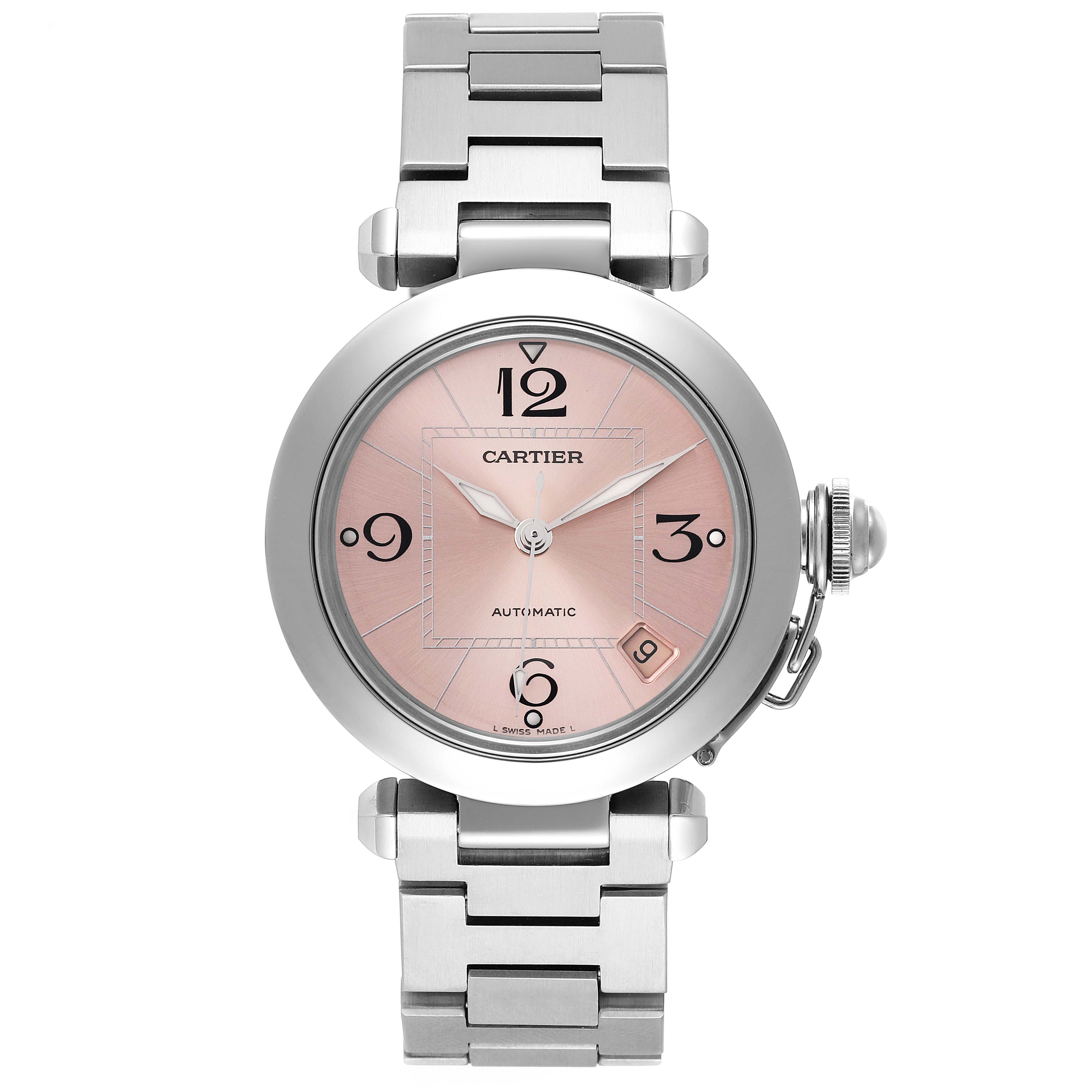 The image shows a front view of the Cartier Pasha W31075M7 Women's Stainless Steel Pink Dial W31075M7 Women's Stainless Steel Pink Dial model watch, highlighting its round face, pink dial, and metal bracelet.