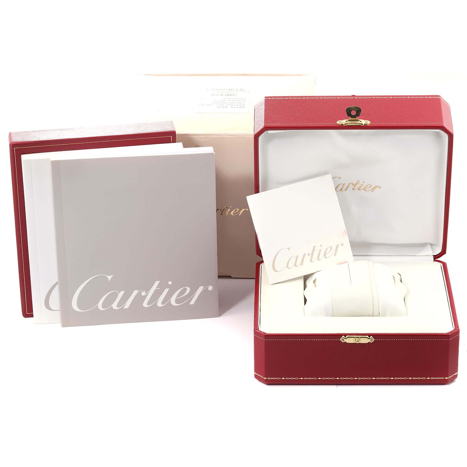 This image shows the packaging and manuals for a Cartier Pasha W31075M7 Women's Stainless Steel Pink Dial W31075M7 Women's Stainless Steel Pink Dial watch, including the red box, instruction booklets, and warranty card.