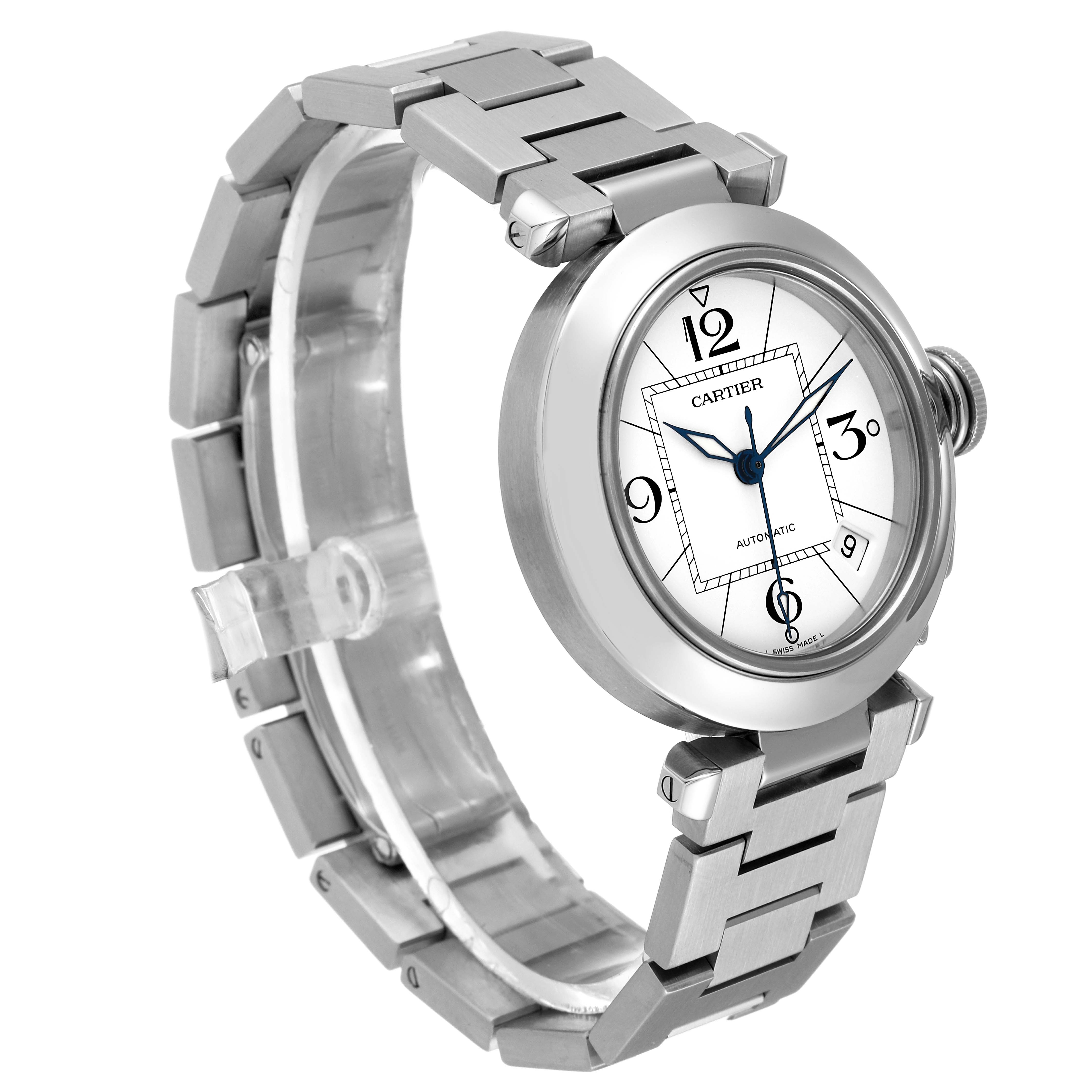 The image shows a Cartier Pasha W31074M7 Men's Stainless Steel White Dial W31074M7 Men's Stainless Steel White Dial model watch from a three-quarter front angle, displaying its bracelet and round dial.