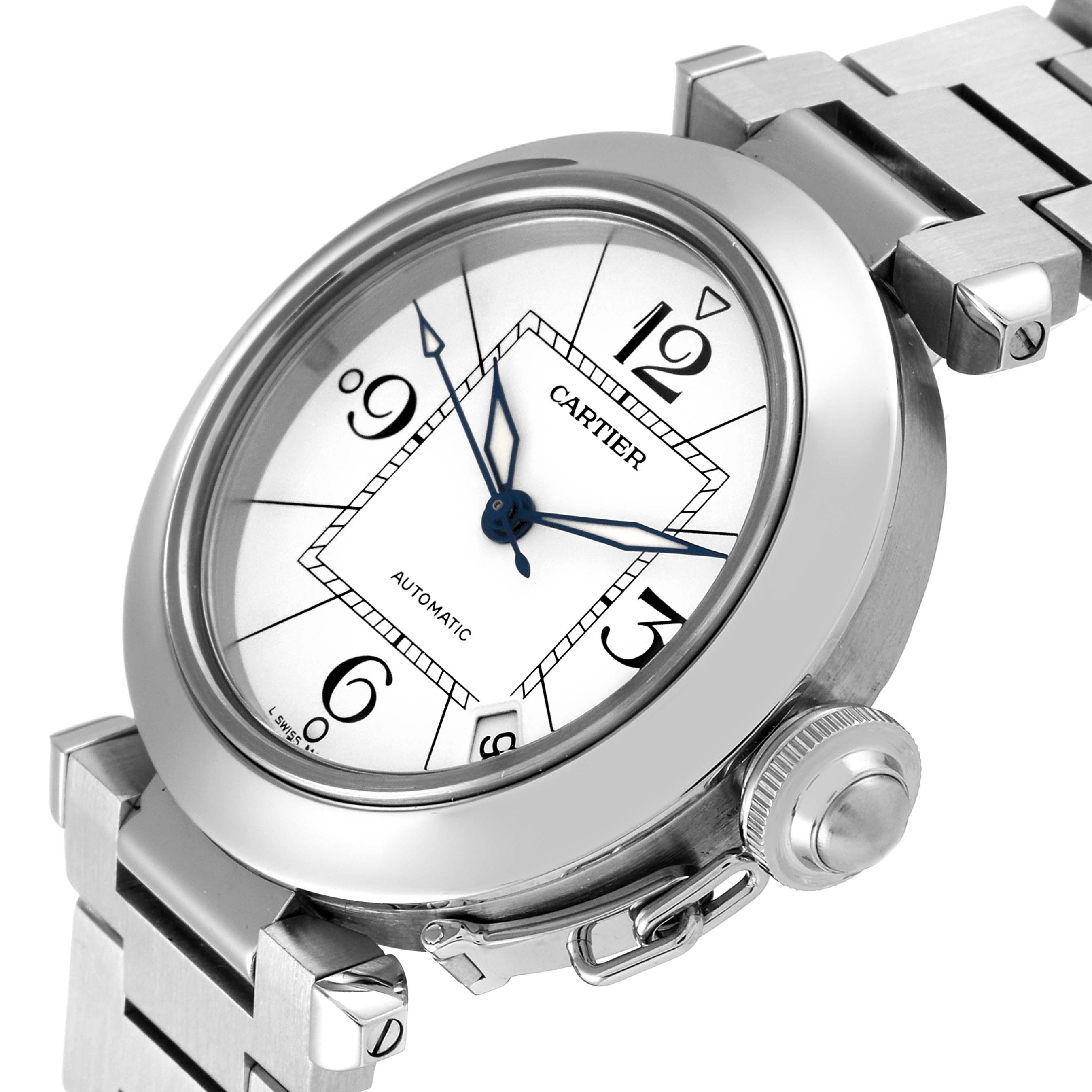 The image shows a close-up angle of the Cartier Pasha W31074M7 Men's Stainless Steel White Dial W31074M7 Men's Stainless Steel White Dial watch, highlighting the dial, bezel, and part of the bracelet.