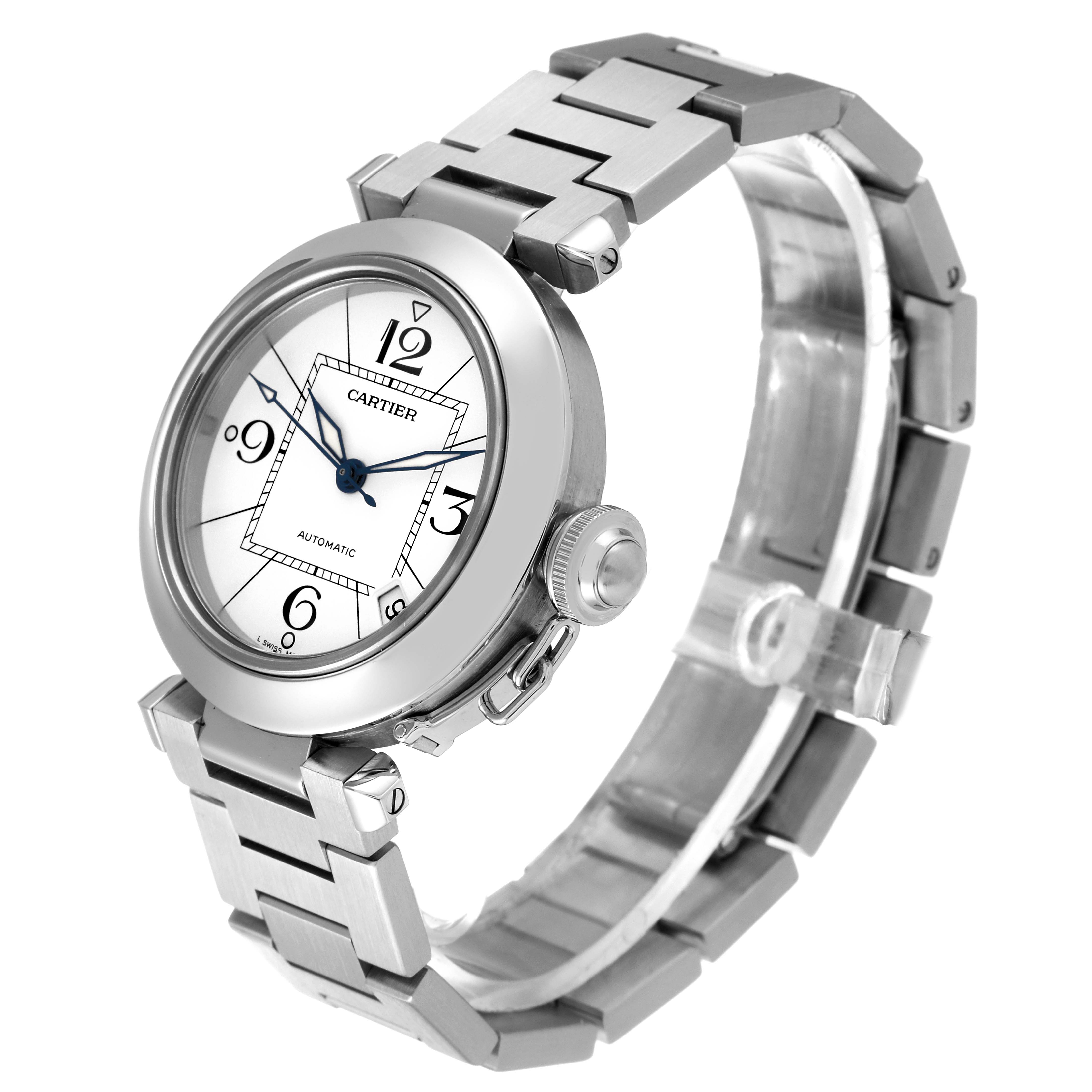 This image shows a side angle of a Cartier Pasha W31074M7 Men's Stainless Steel White Dial W31074M7 Men's Stainless Steel White Dial watch, highlighting the face, crown, and metallic bracelet.