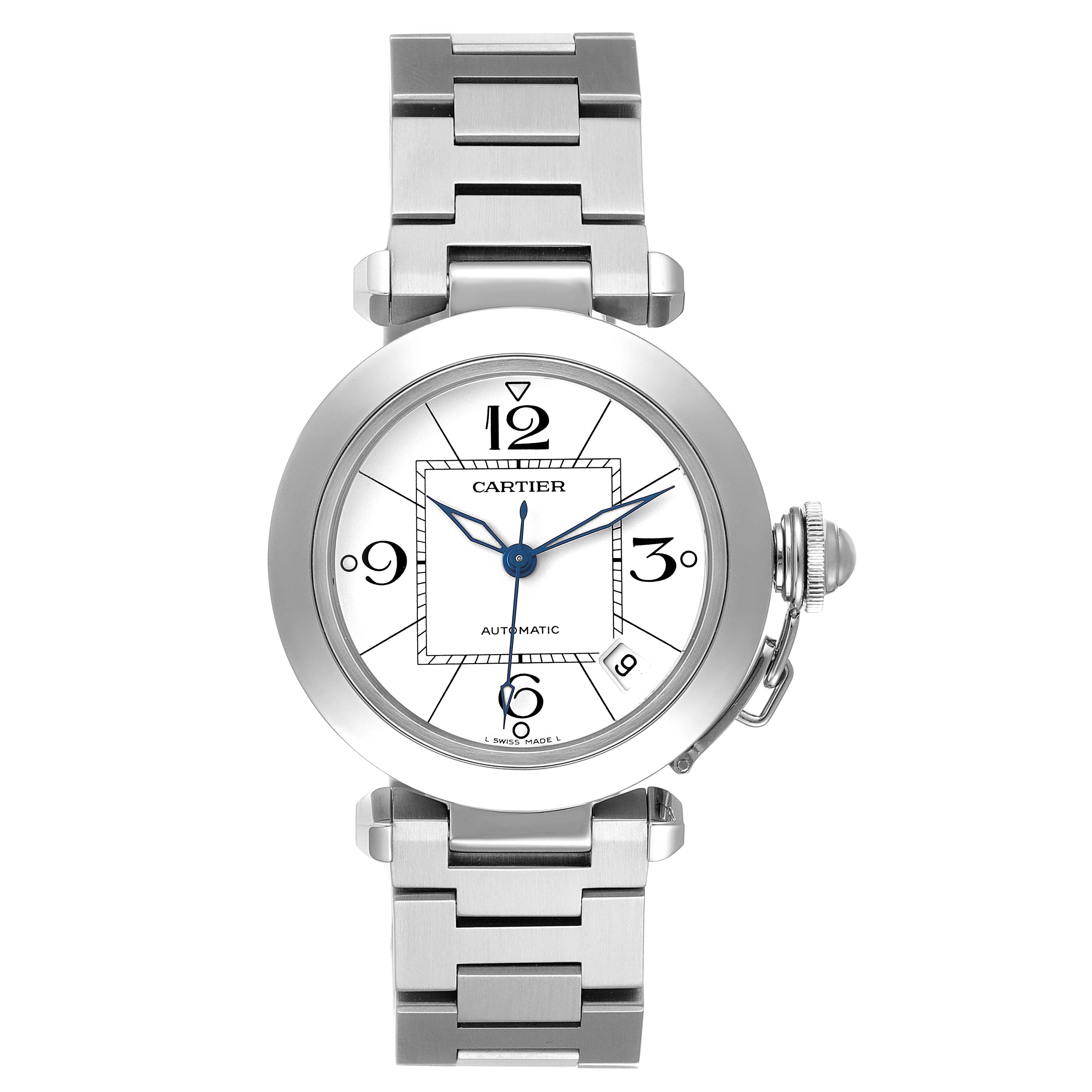 The image shows a front view of the Cartier Pasha W31074M7 Men's Stainless Steel White Dial W31074M7 Men's Stainless Steel White Dial model watch, displaying the face, bezel, and part of the metal bracelet.