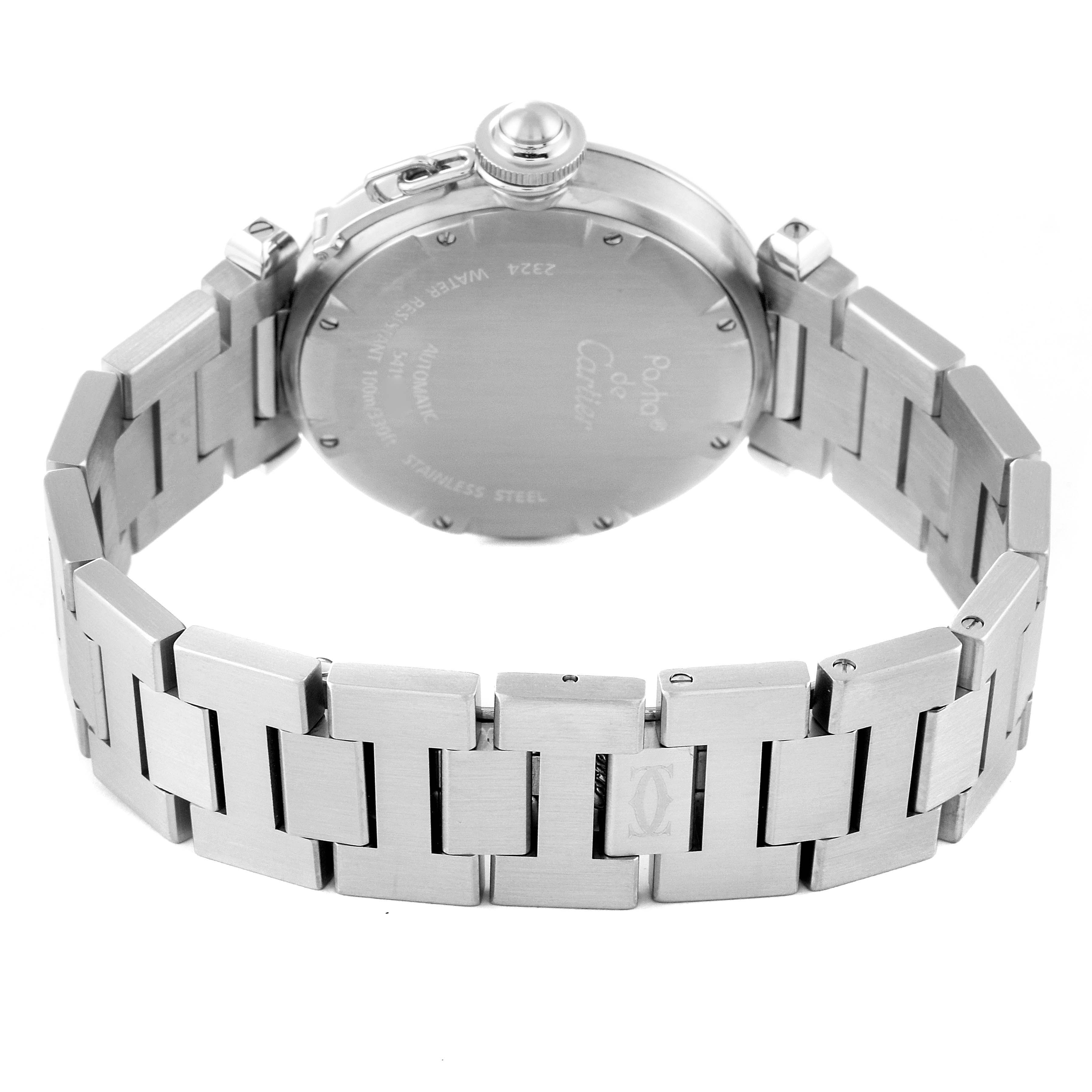 The image shows the back and bracelet of a Cartier Pasha W31074M7 Men's Stainless Steel White Dial W31074M7 Men's Stainless Steel White Dial watch at an angle that highlights its case back and stainless steel links.