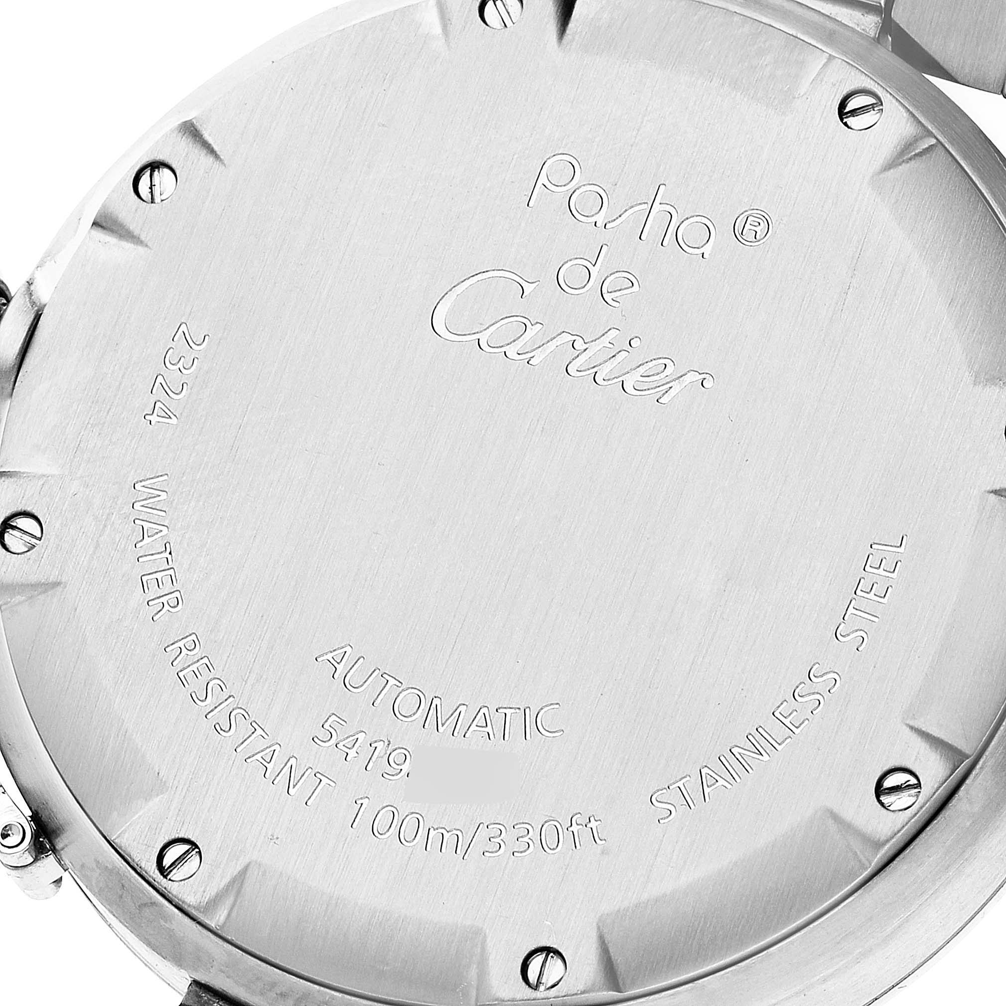 This image shows the back case of a Cartier Pasha W31074M7 Men's Stainless Steel White Dial W31074M7 Men's Stainless Steel White Dial watch detailing its features and specifications.
