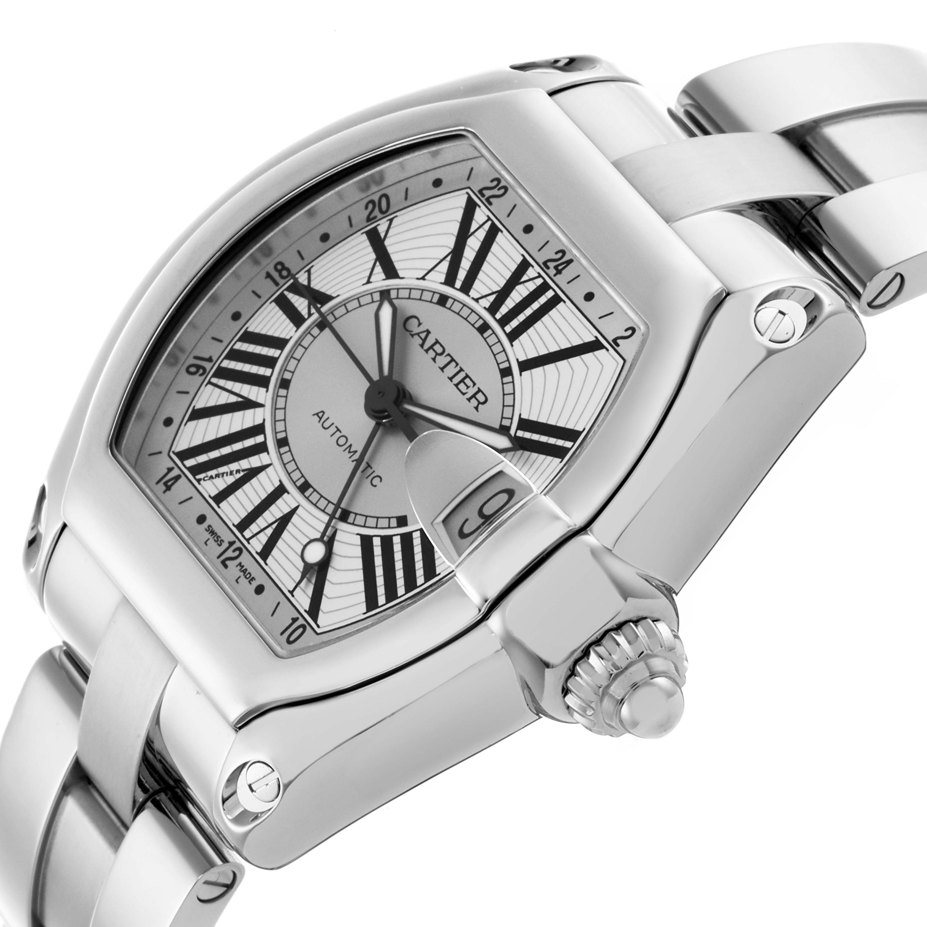 The Cartier Roadster W62032X6 Men's Stainless Steel White Dial W62032X6 Men's Stainless Steel White Dial watch is shown at an angled close-up, highlighting the dial, crown, and part of the bracelet.