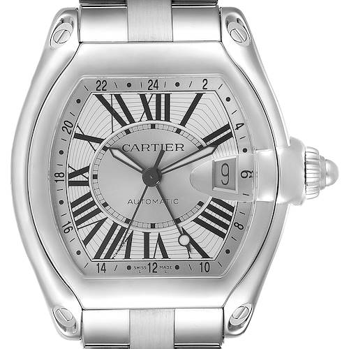 The Cartier Roadster watch is shown from a front angle, highlighting the dial, bezel, crown, and part of the bracelet.