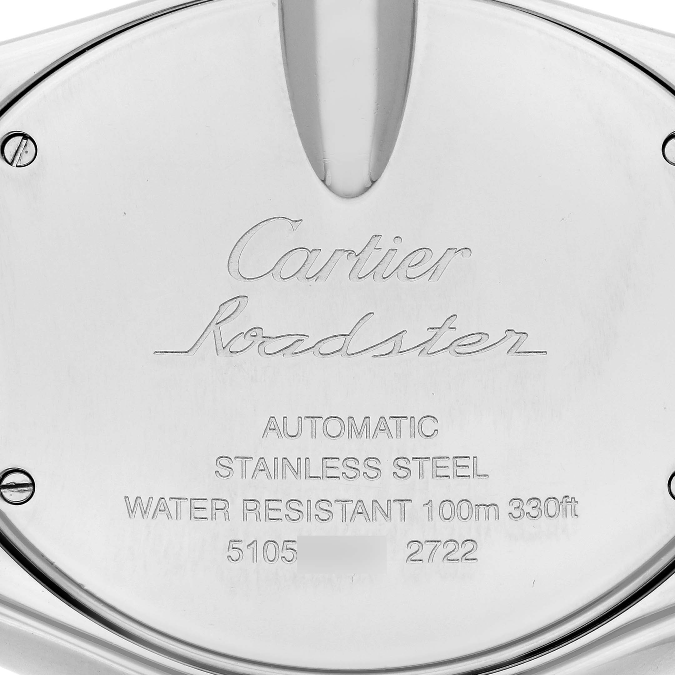 This image shows the engraved case back of a Cartier Roadster W62032X6 Men's Stainless Steel White Dial W62032X6 Men's Stainless Steel White Dial watch, displaying model details and specifications.