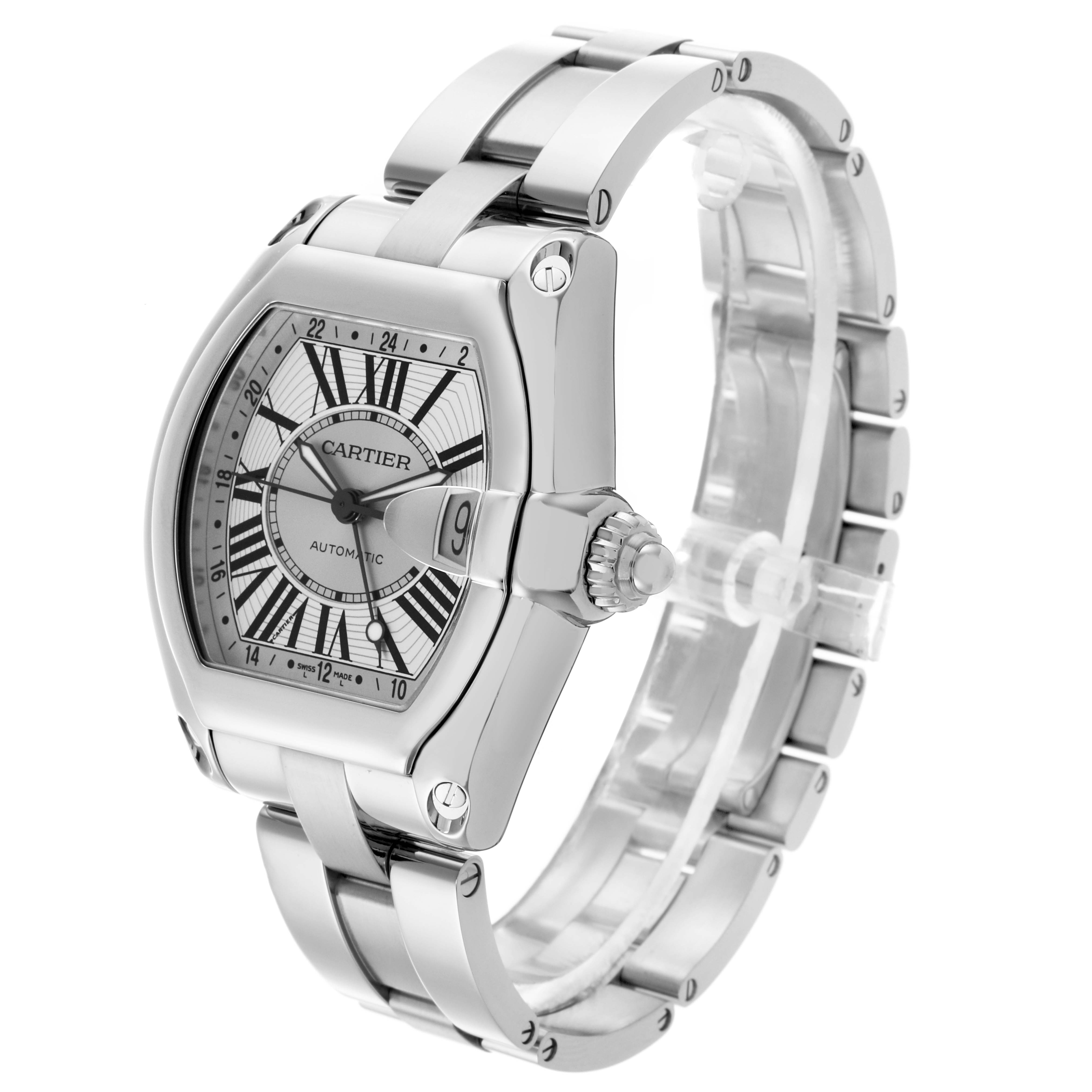The Cartier Roadster W62032X6 Men's Stainless Steel White Dial W62032X6 Men's Stainless Steel White Dial watch is shown at a three-quarter angle, highlighting the case, bracelet, crown, and dial details.