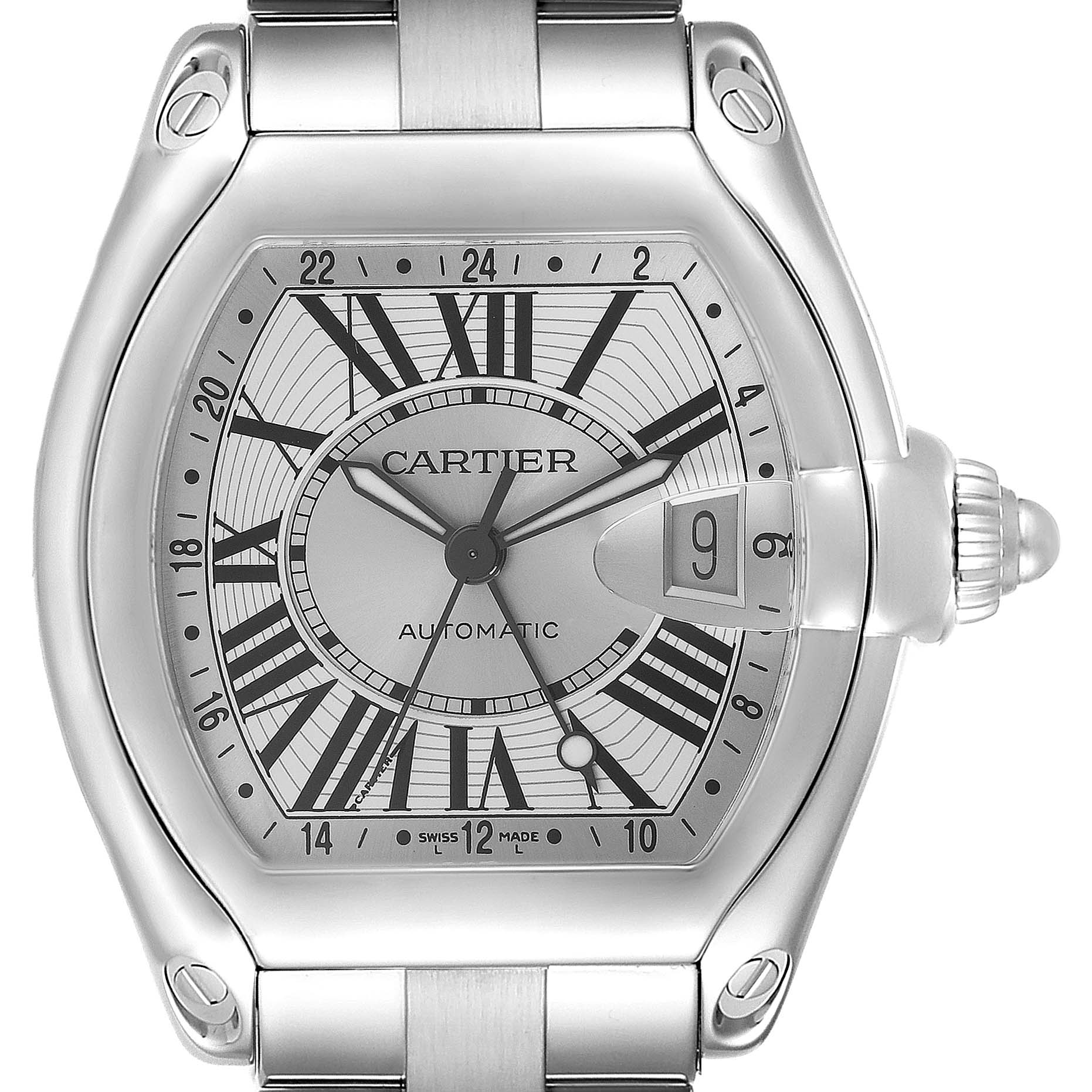 The Cartier Roadster W62032X6 Men's Stainless Steel White Dial W62032X6 Men's Stainless Steel White Dial watch is shown from a front angle, highlighting the case, dial, crown, and part of the bracelet.