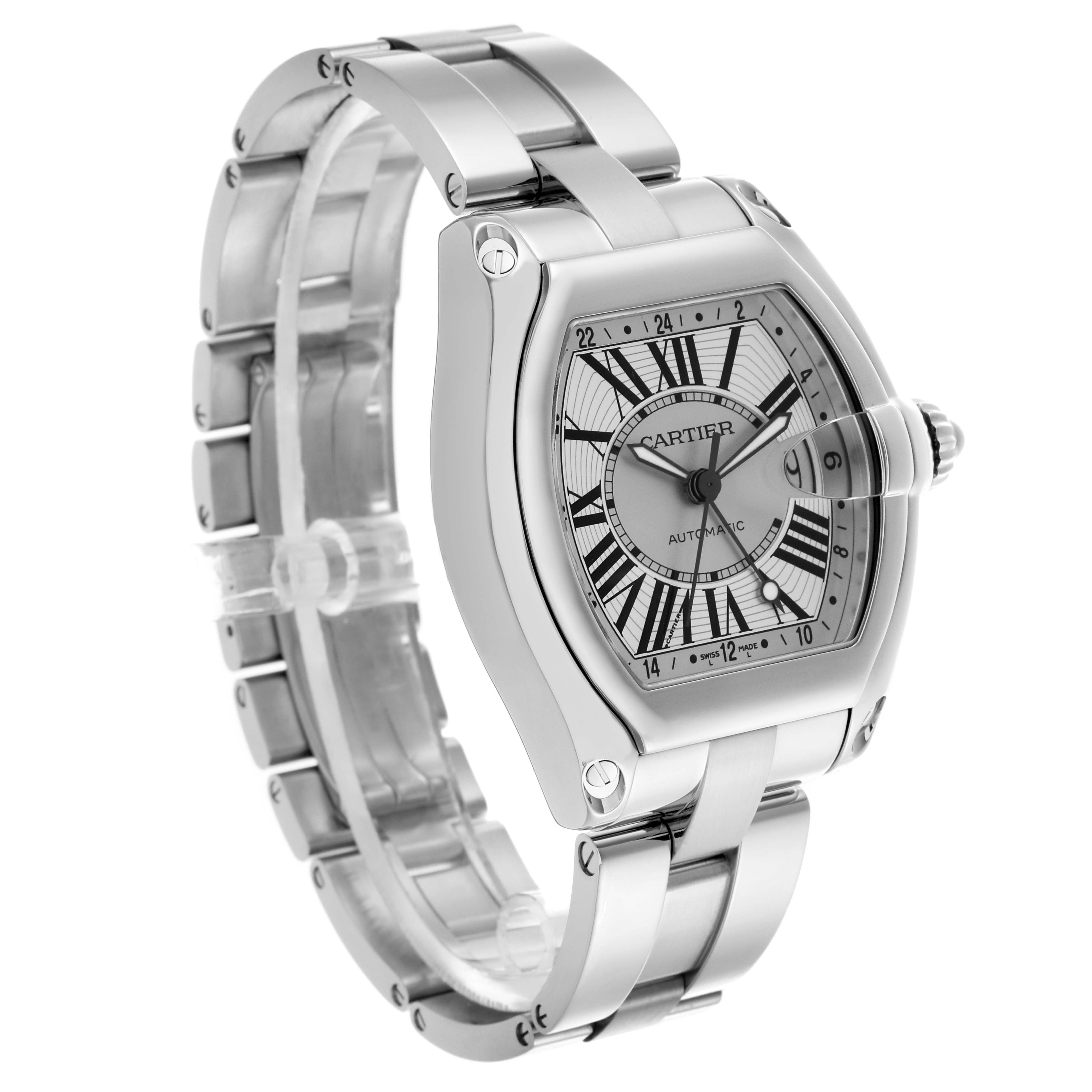 The Cartier Roadster W62032X6 Men's Stainless Steel White Dial W62032X6 Men's Stainless Steel White Dial watch is shown at a slight angle, highlighting the face, Roman numerals, links, and crown detail.