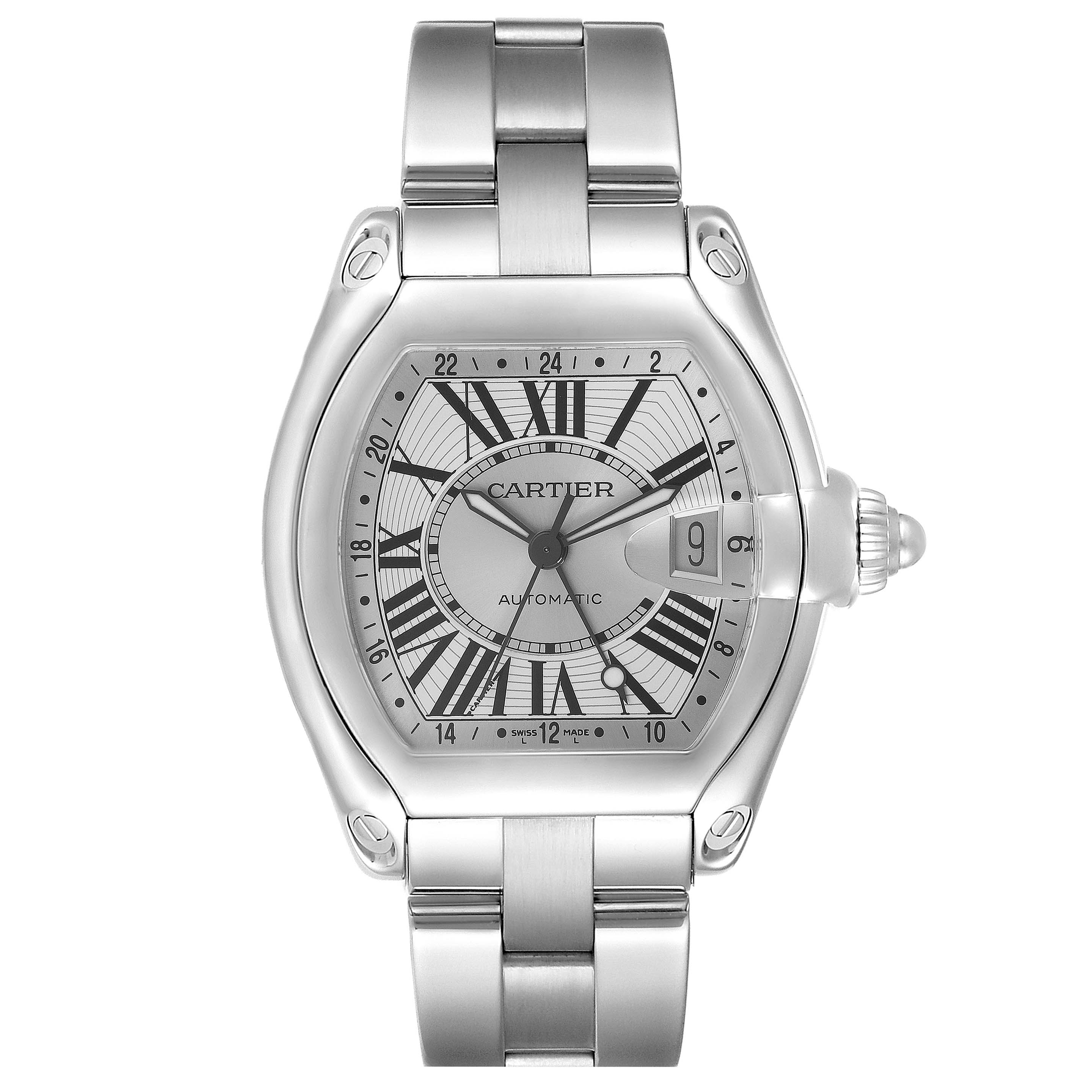 The Cartier Roadster W62032X6 Men's Stainless Steel White Dial W62032X6 Men's Stainless Steel White Dial watch is shown from a frontal angle, highlighting the dial, bracelet, case, and crown.