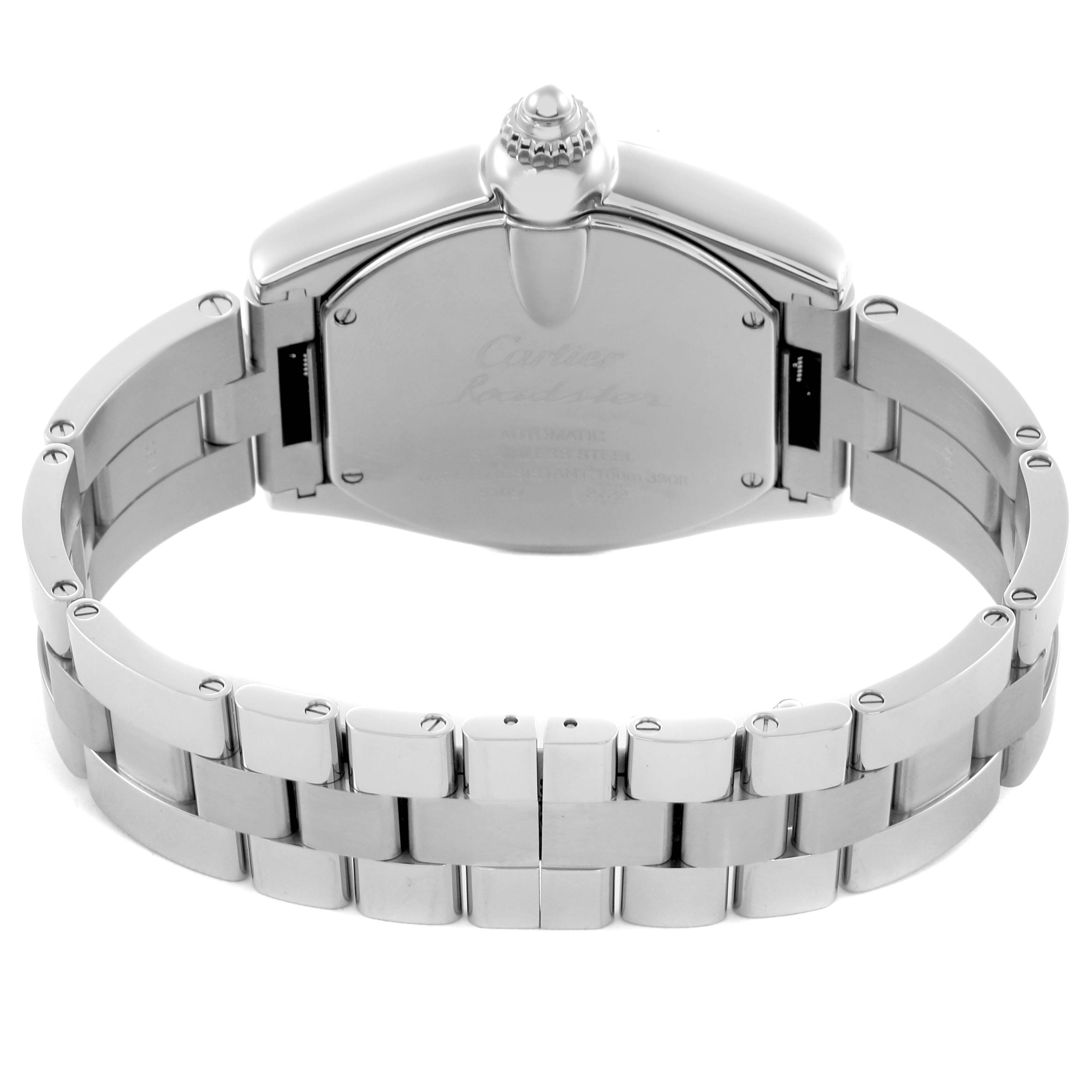 The image shows the back view of a Cartier Roadster W62032X6 Men's Stainless Steel White Dial W62032X6 Men's Stainless Steel White Dial model, highlighting the clasp and bracelet links.