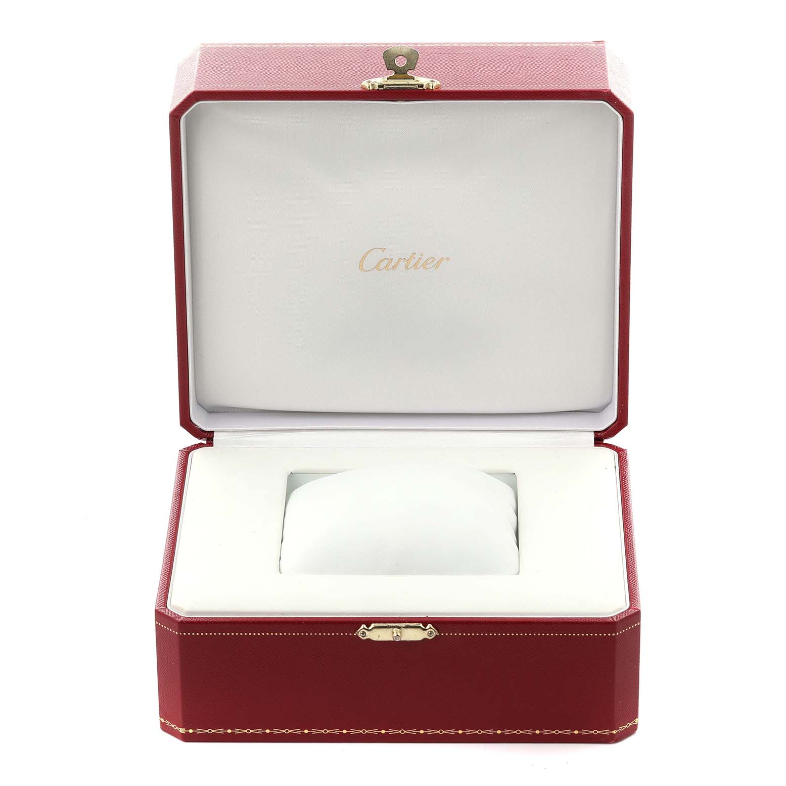 The image shows an open red Cartier box, likely for a Roadster model watch, with a padded cushion inside.