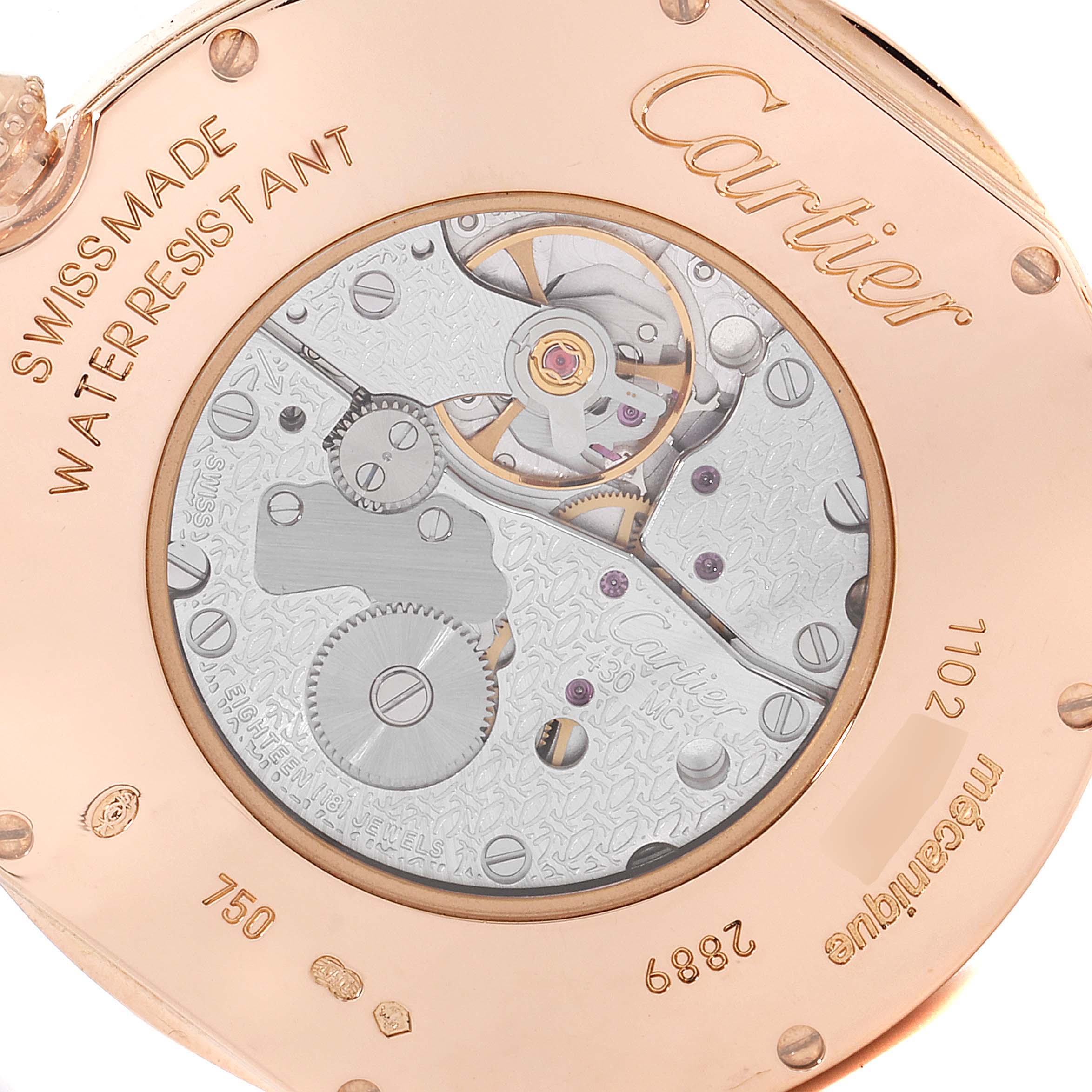 This image shows the back of the Cartier Ronde W6800251 Men's Rose Gold Silver Dial W6800251 Men's Rose Gold Silver Dial watch, revealing the intricate internal mechanism and engravings.