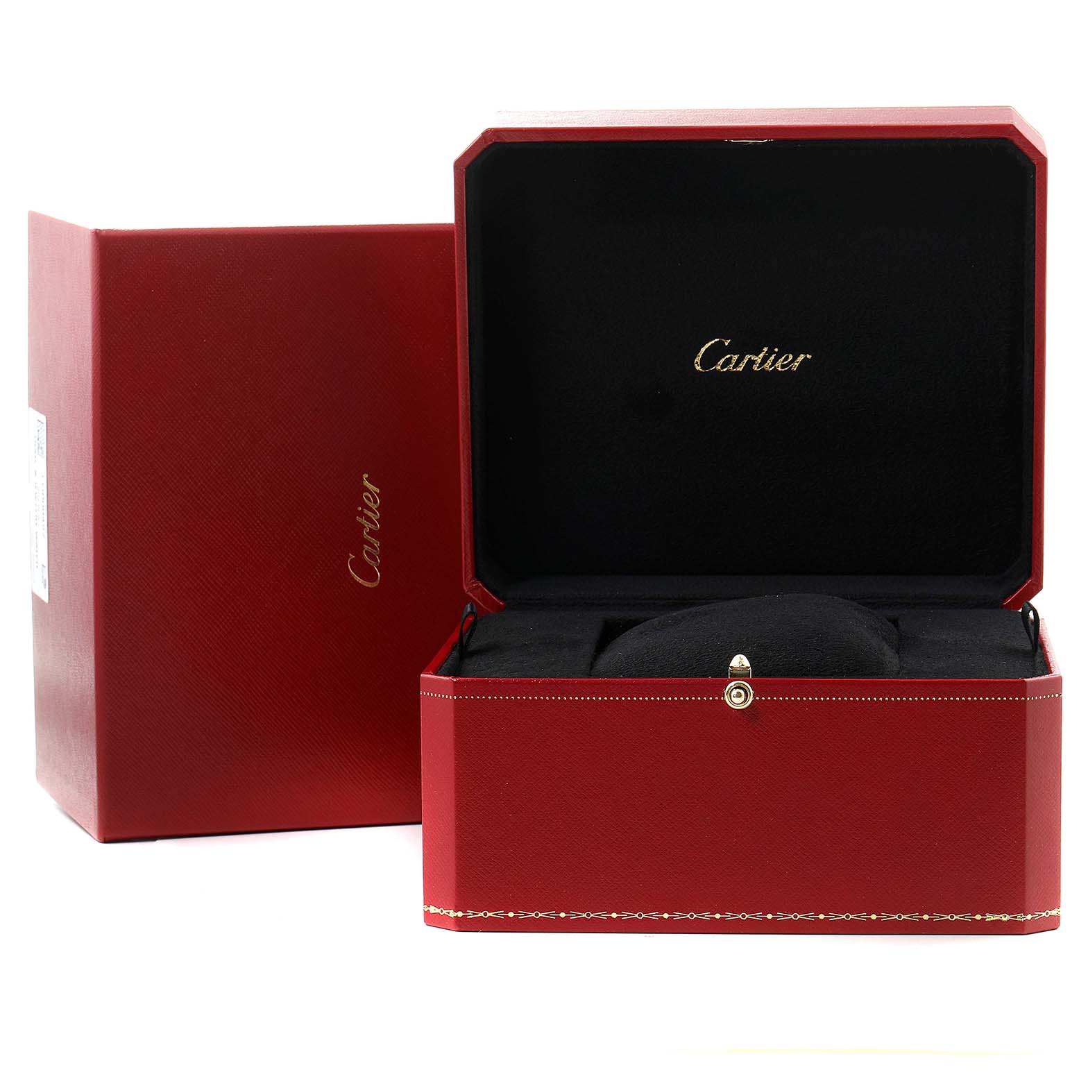 The image shows a Cartier Ronde W6800251 Men's Rose Gold Silver Dial W6800251 Men's Rose Gold Silver Dial model watch box, partially opened, with another red Cartier box beside it.