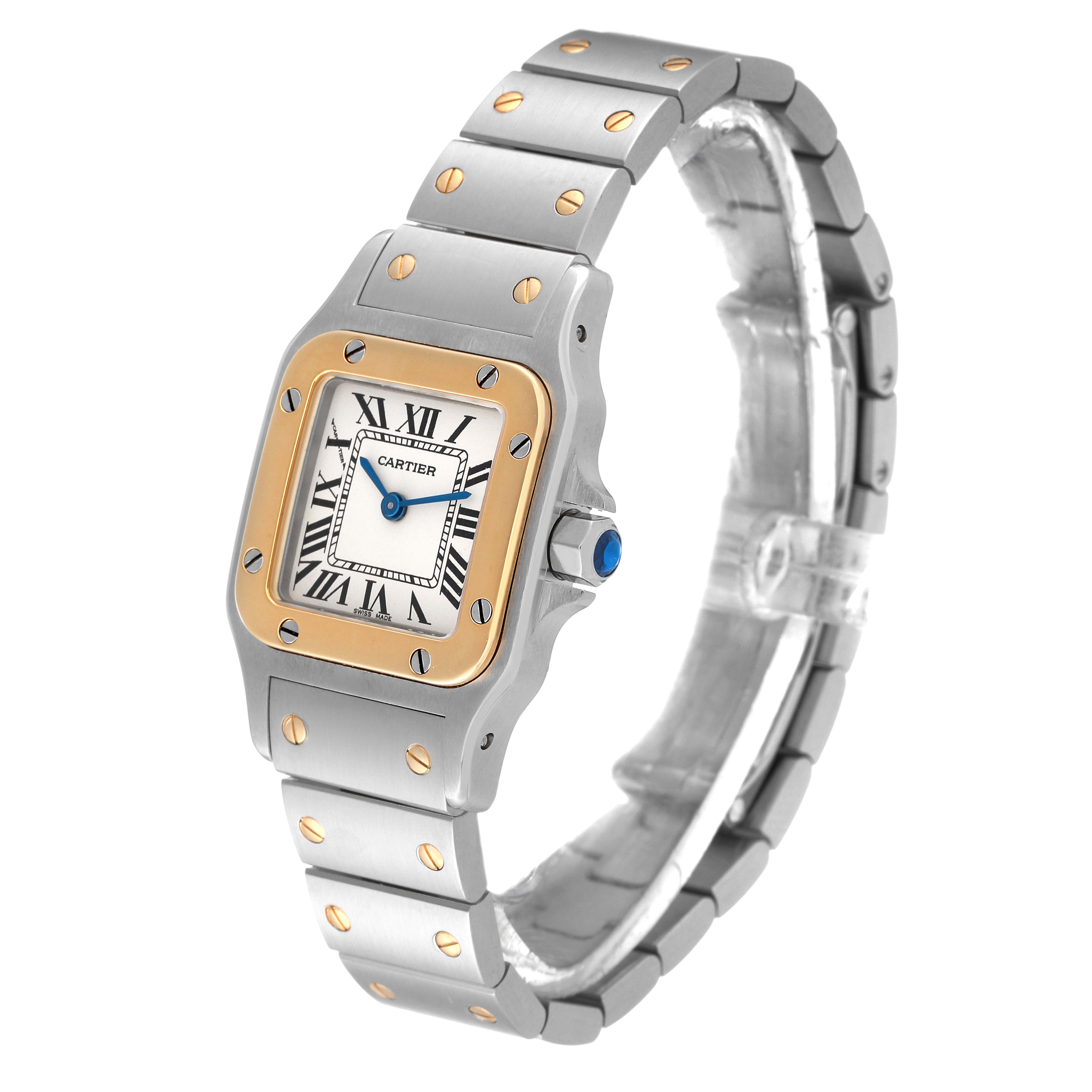 The image shows a Cartier Santos W20012C4 Women's Steel and Gold (two tone) Silver Dial W20012C4 Women's Steel and Gold (two tone) Silver Dial watch at a slight angle, highlighting its face and metal bracelet.