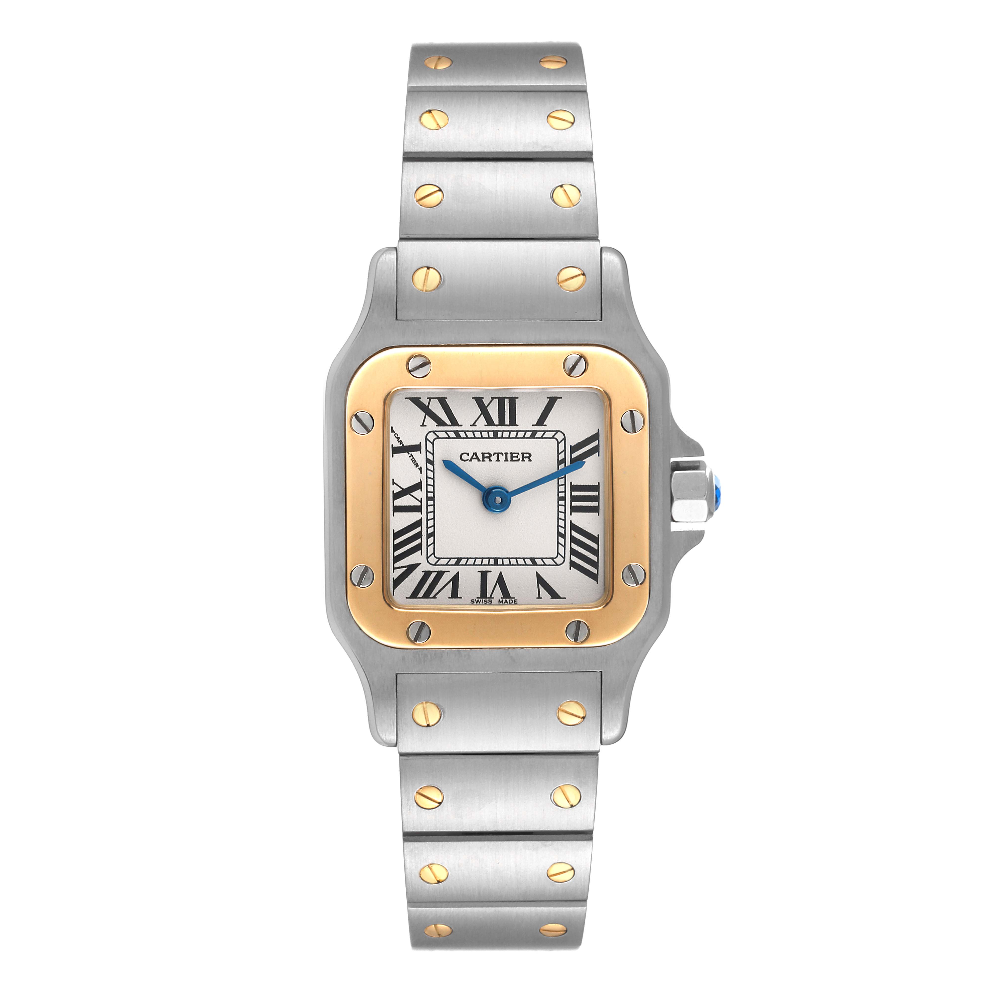 The image shows a front view of the Santos model watch by Cartier, displaying the face, bezel, and bracelet.