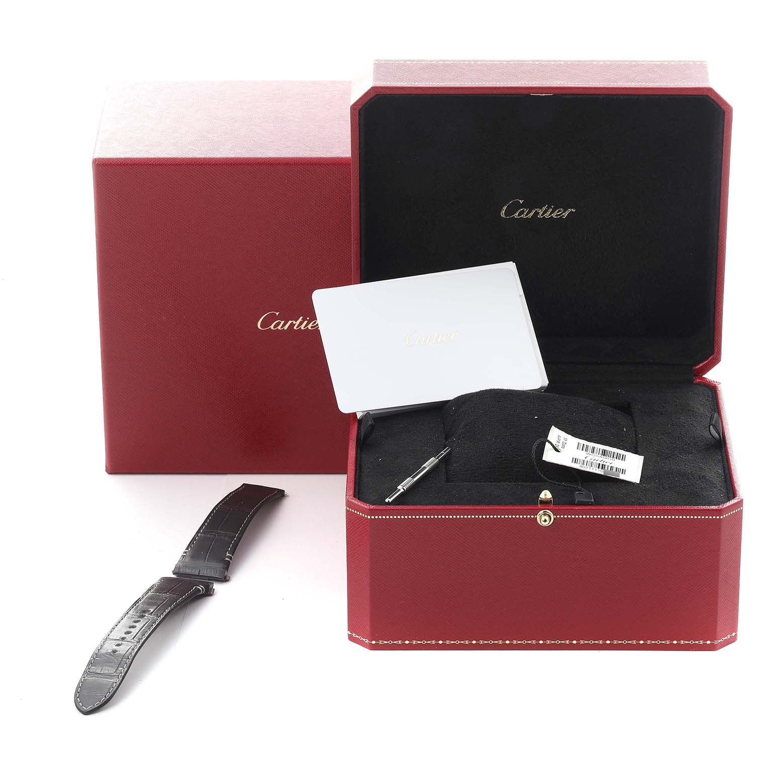 The image shows an open Cartier Santos WGSA0019 Men's Rose Gold Silver Dial WGSA0019 Men's Rose Gold Silver Dial watch box with an extra strap and accessories, viewed from the front.