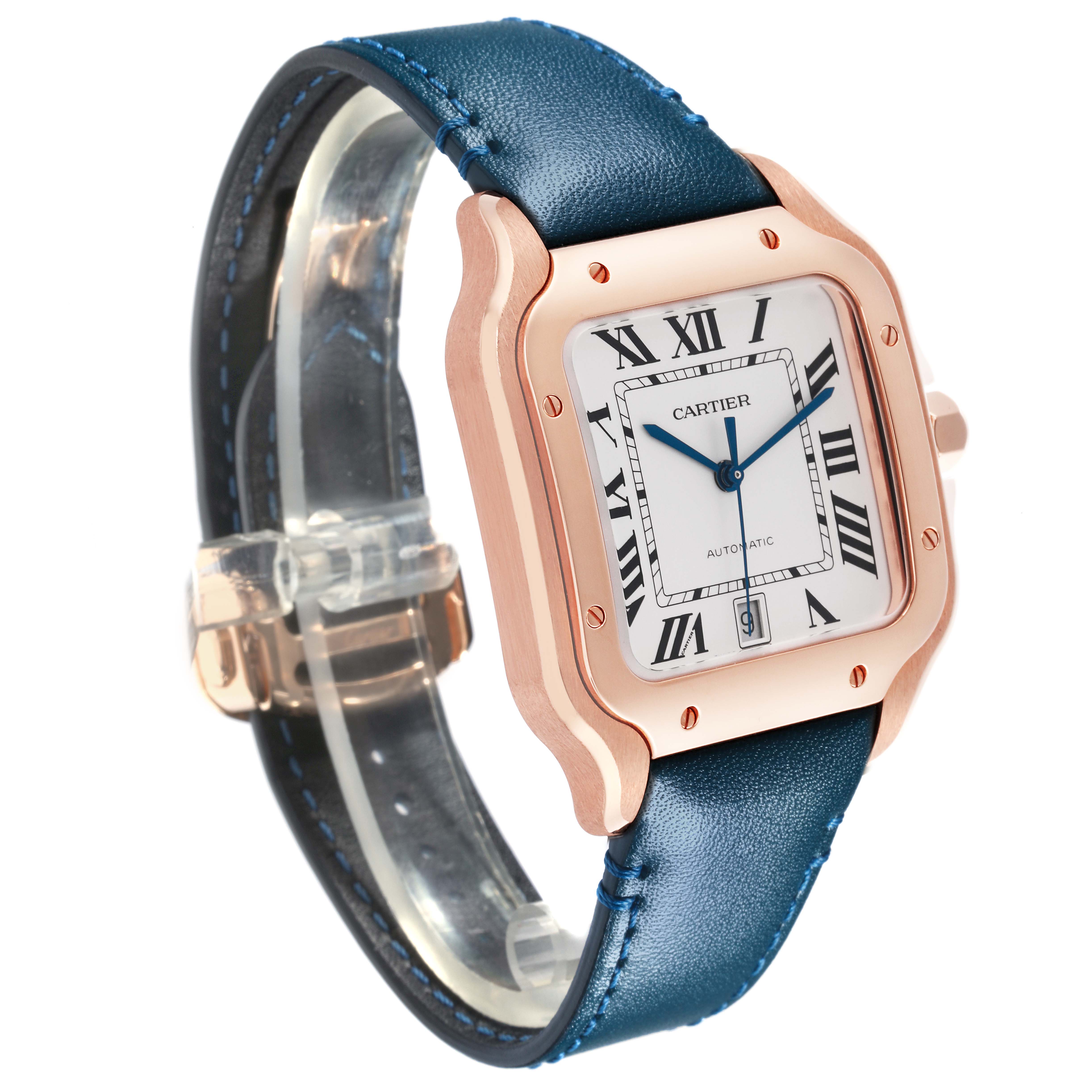 The Cartier Santos WGSA0019 Men's Rose Gold Silver Dial WGSA0019 Men's Rose Gold Silver Dial watch is shown at a three-quarter angle, highlighting the face, case, strap, and Roman numeral dial.