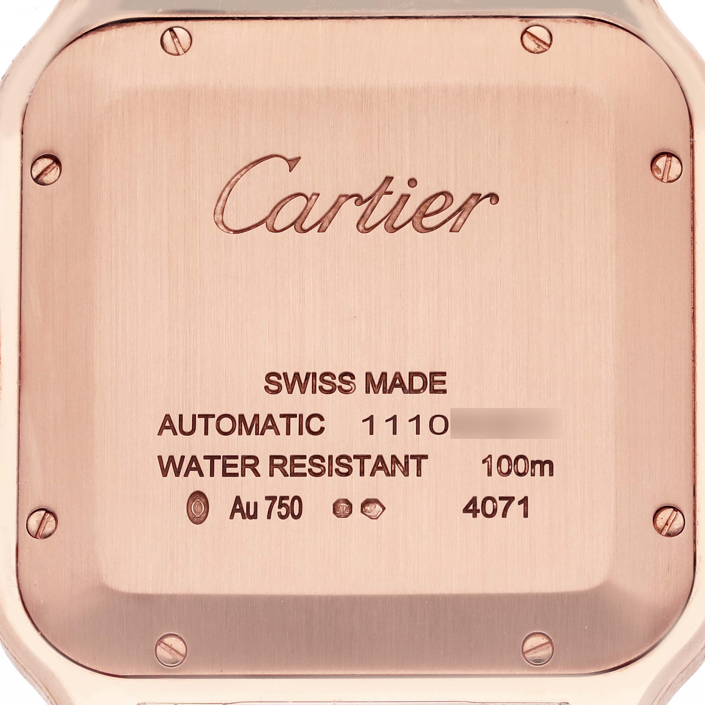 The image shows the back case of a Cartier Santos WGSA0019 Men's Rose Gold Silver Dial WGSA0019 Men's Rose Gold Silver Dial watch, highlighting inscriptions and screws.