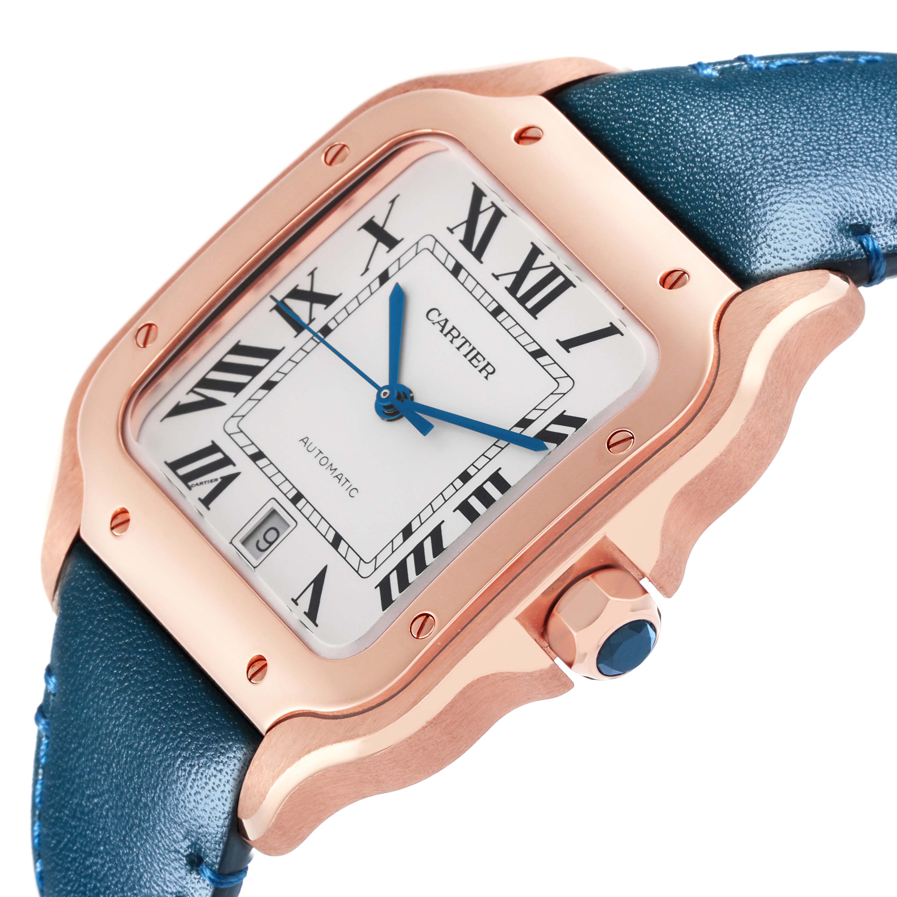 The Cartier Santos WGSA0019 Men's Rose Gold Silver Dial WGSA0019 Men's Rose Gold Silver Dial watch is shown at an angled close-up, highlighting the square face, blue hands, Roman numerals, and leather strap.