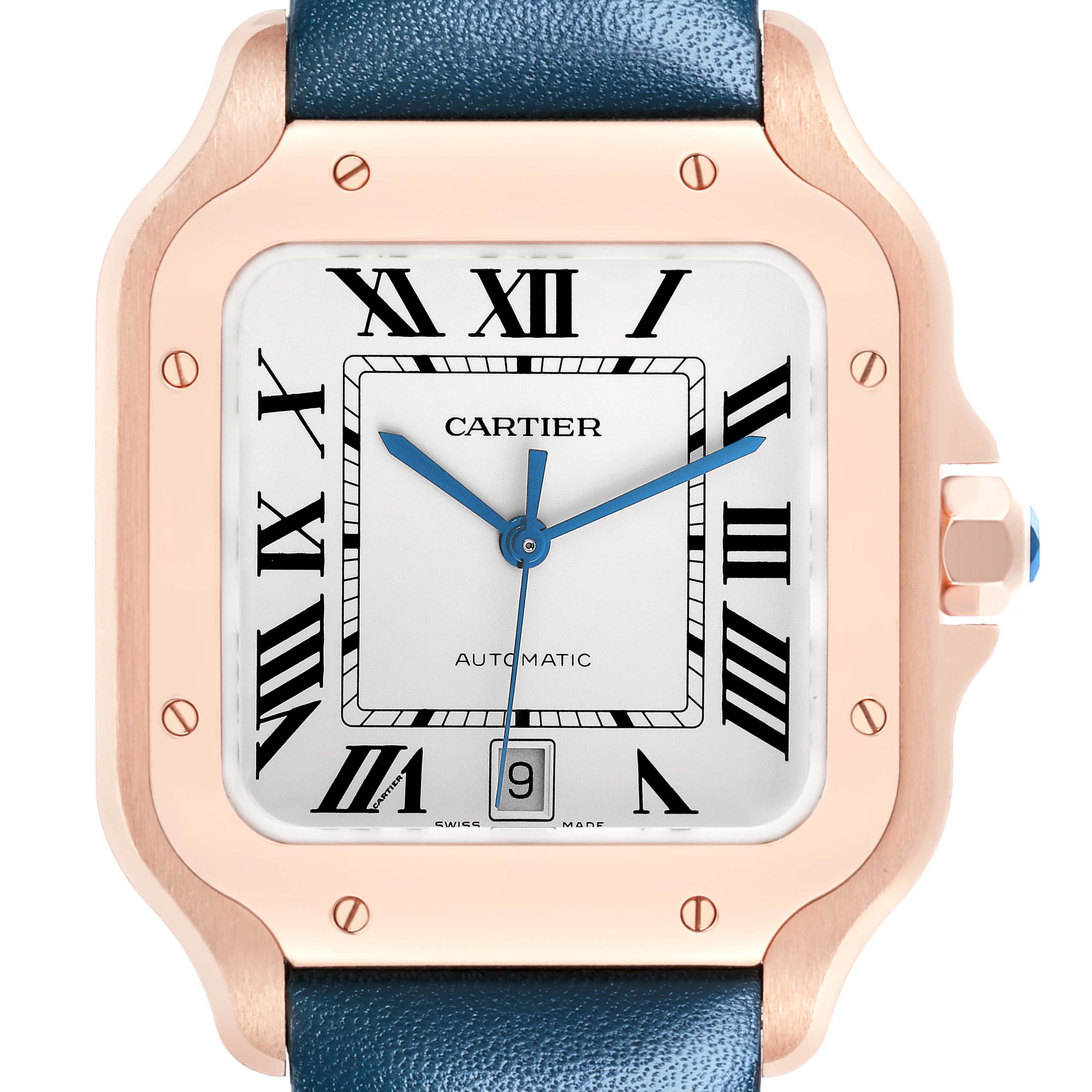 The Cartier Santos WGSA0019 Men's Rose Gold Silver Dial WGSA0019 Men's Rose Gold Silver Dial watch is shown from the front, highlighting its square face, gold bezel, blue hands, and leather strap.