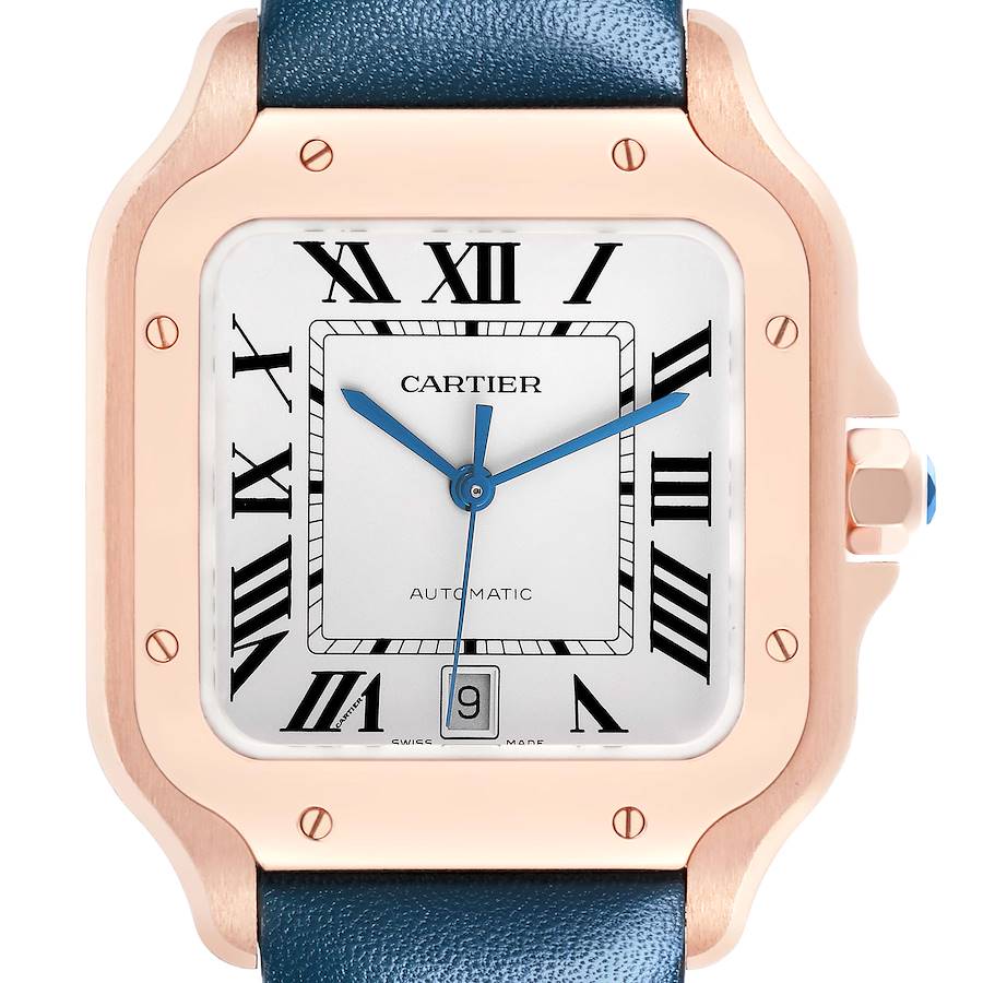 The Cartier Santos watch is shown from the front, highlighting its square face, gold bezel, blue hands, and leather strap.