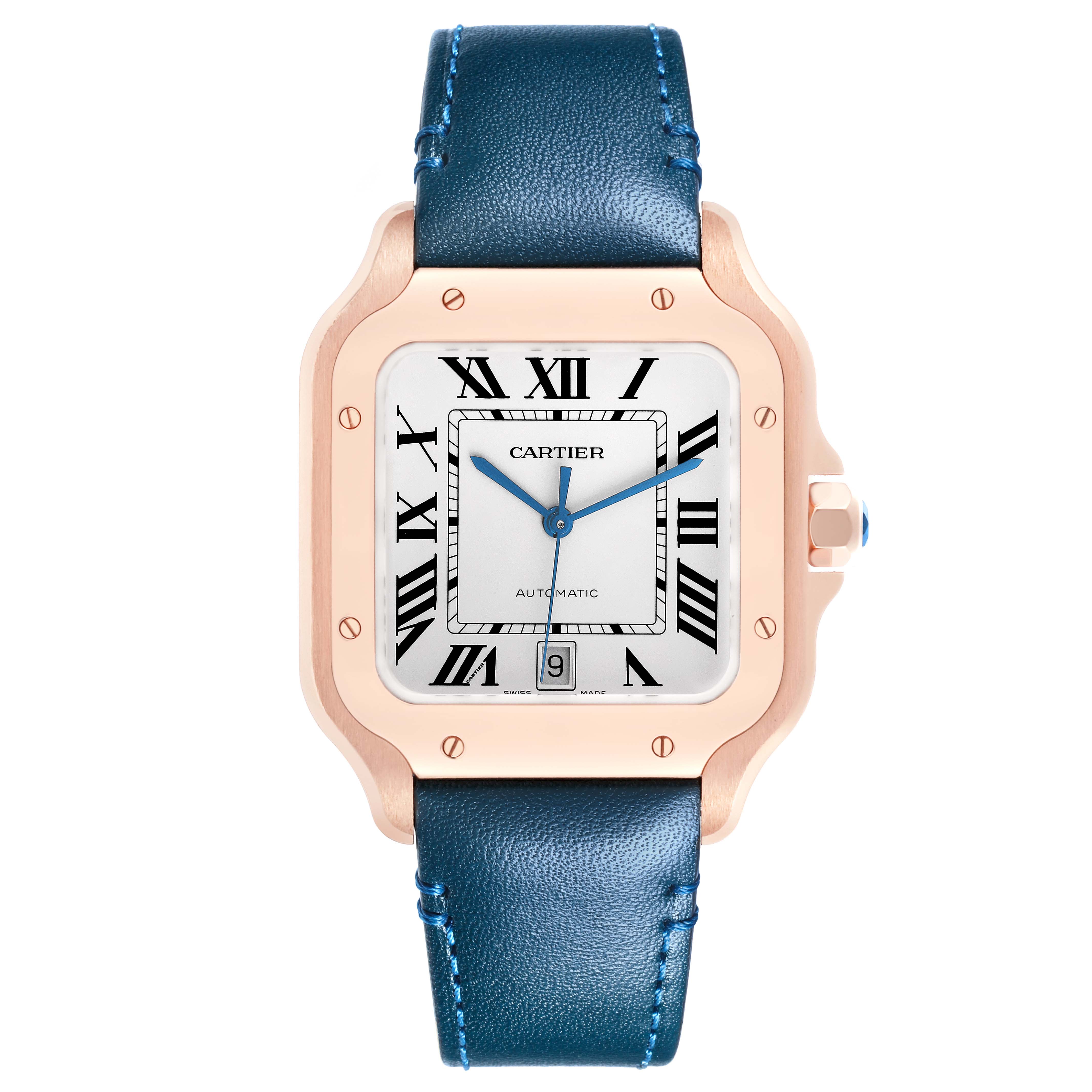 The Cartier Santos WGSA0019 Men's Rose Gold Silver Dial WGSA0019 Men's Rose Gold Silver Dial watch is shown from a front angle, highlighting its square face, Roman numerals, and blue leather strap.