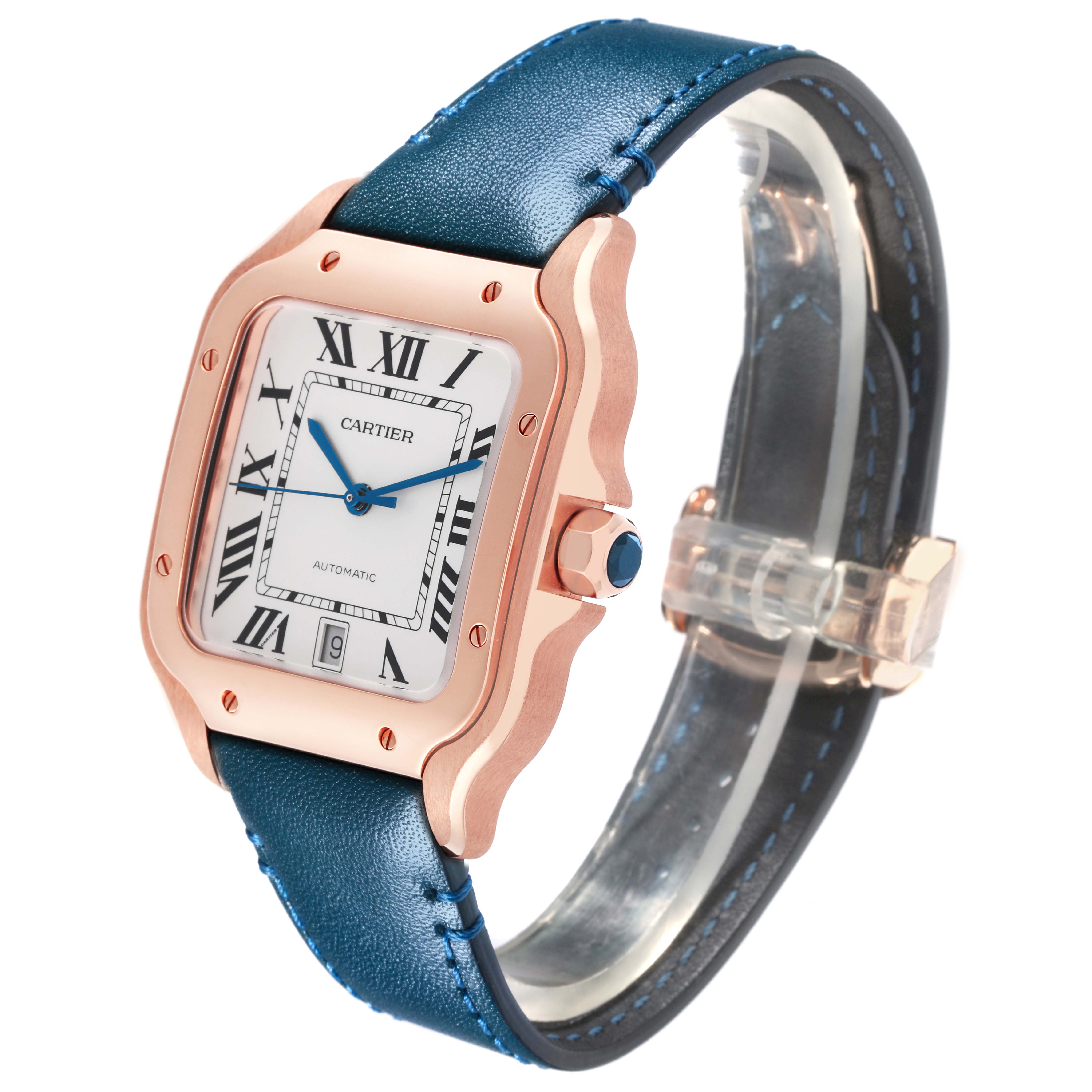 This Cartier Santos WGSA0019 Men's Rose Gold Silver Dial WGSA0019 Men's Rose Gold Silver Dial watch is shown at a side angle, highlighting the face, bezel, and blue leather strap.