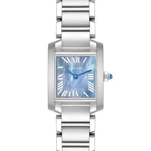 The Cartier Tank Francaise watch is shown from a front angle, displaying its blue dial, Roman numerals, and stainless steel bracelet.