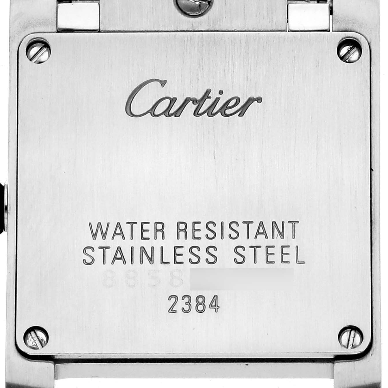 This image shows the back of a Cartier Tank Française watch, highlighting the water resistance and stainless steel features.