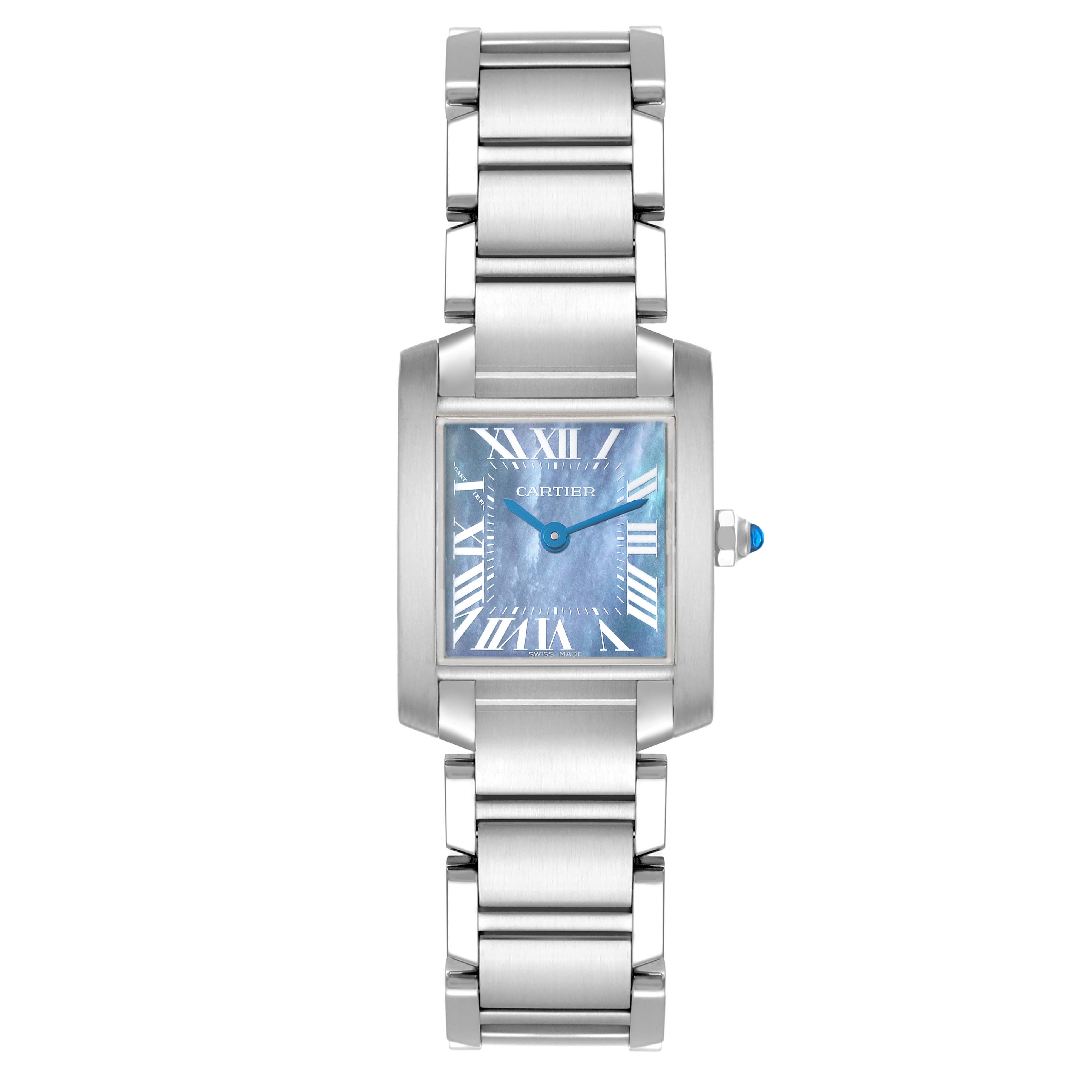 The Cartier Tank Francaise W51034Q3 Women's Stainless Steel Mother of Pearl Dial W51034Q3 Women's Stainless Steel Mother of Pearl Dial watch is shown from a top-down view, displaying its face, bezel, and bracelet.