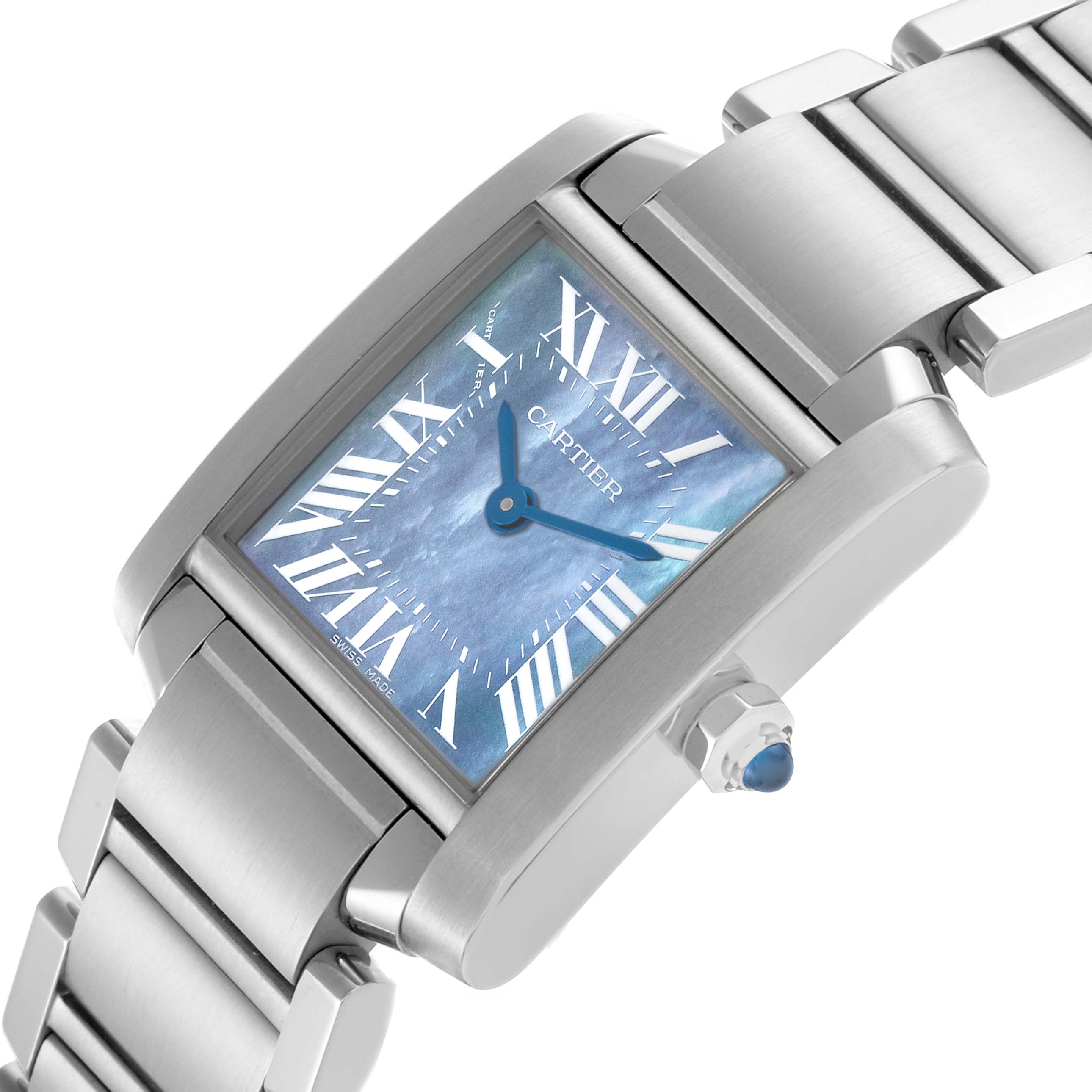 The Cartier Tank Francaise W51034Q3 Women's Stainless Steel Mother of Pearl Dial W51034Q3 Women's Stainless Steel Mother of Pearl Dial watch is shown at an angled view displaying the face, crown, and part of the metal bracelet.