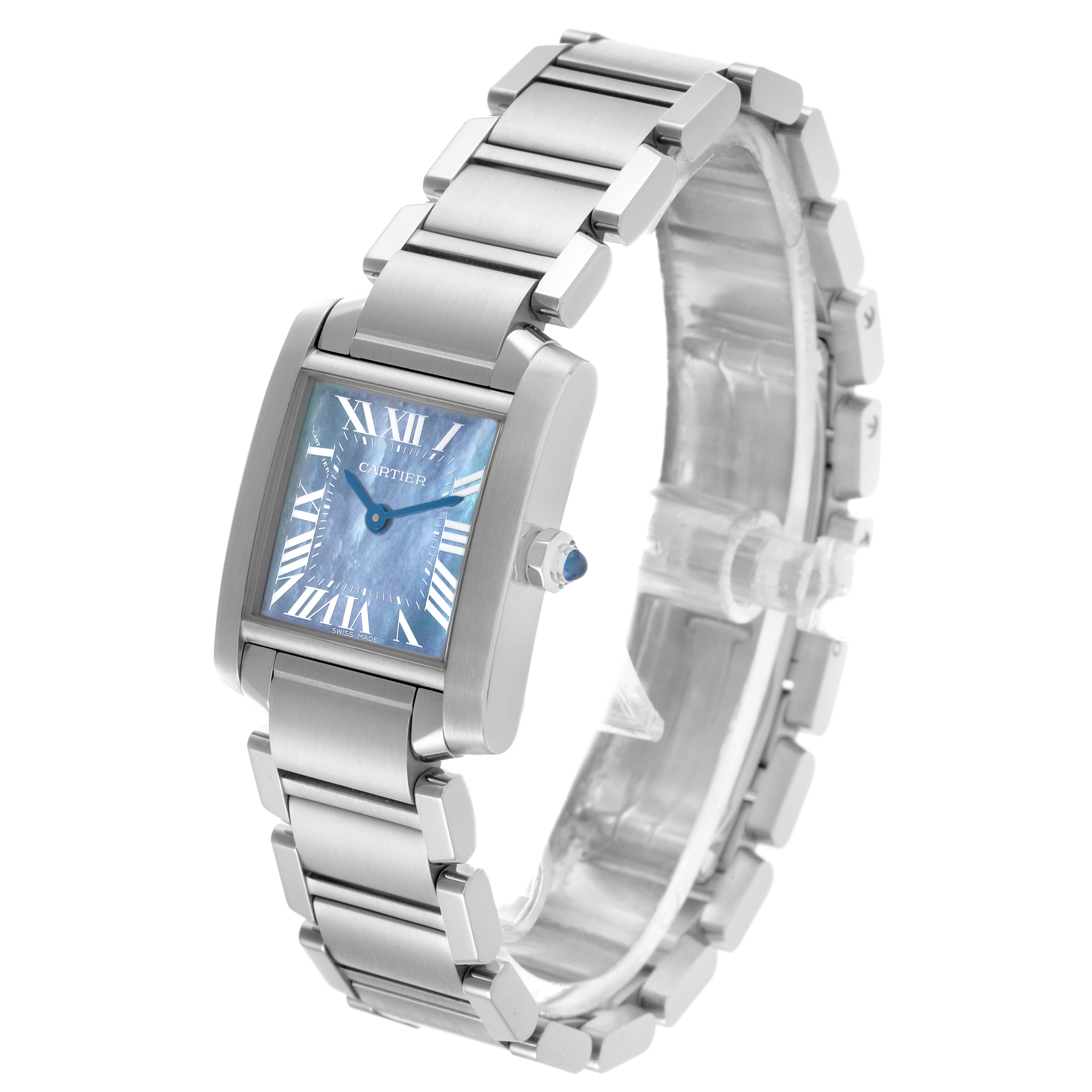 The Cartier Tank Francaise W51034Q3 Women's Stainless Steel Mother of Pearl Dial W51034Q3 Women's Stainless Steel Mother of Pearl Dial watch is shown at an angle displaying the front, side, and bracelet links clearly.