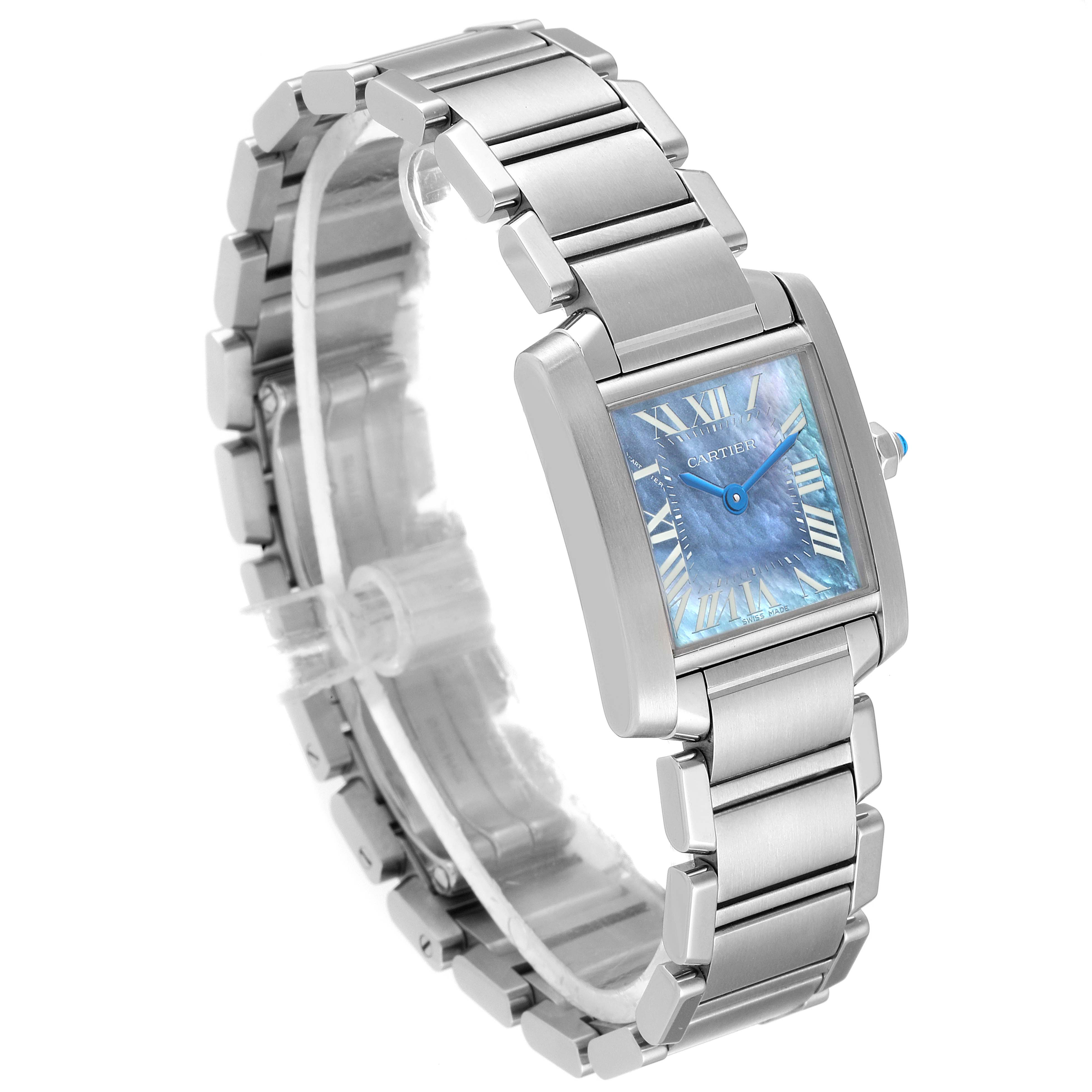 The Cartier Tank Francaise W51034Q3 Women
s Stainless Steel Mother of Pearl Dial W51034Q3 Women
s Stainless Steel Mother of Pearl Dial watch is shown from a left side angle, featuring the face and stainless steel bracelet.
