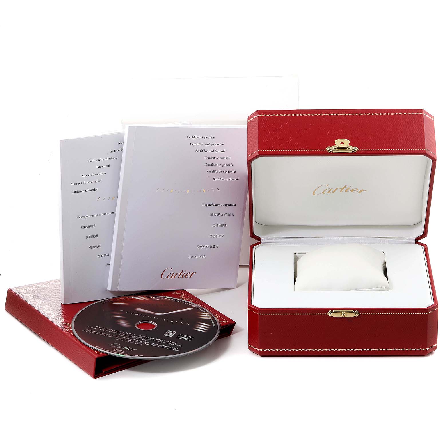 This image shows the packaging, manuals, and accessories for the Cartier Tank Française watch, including a red box and a CD.