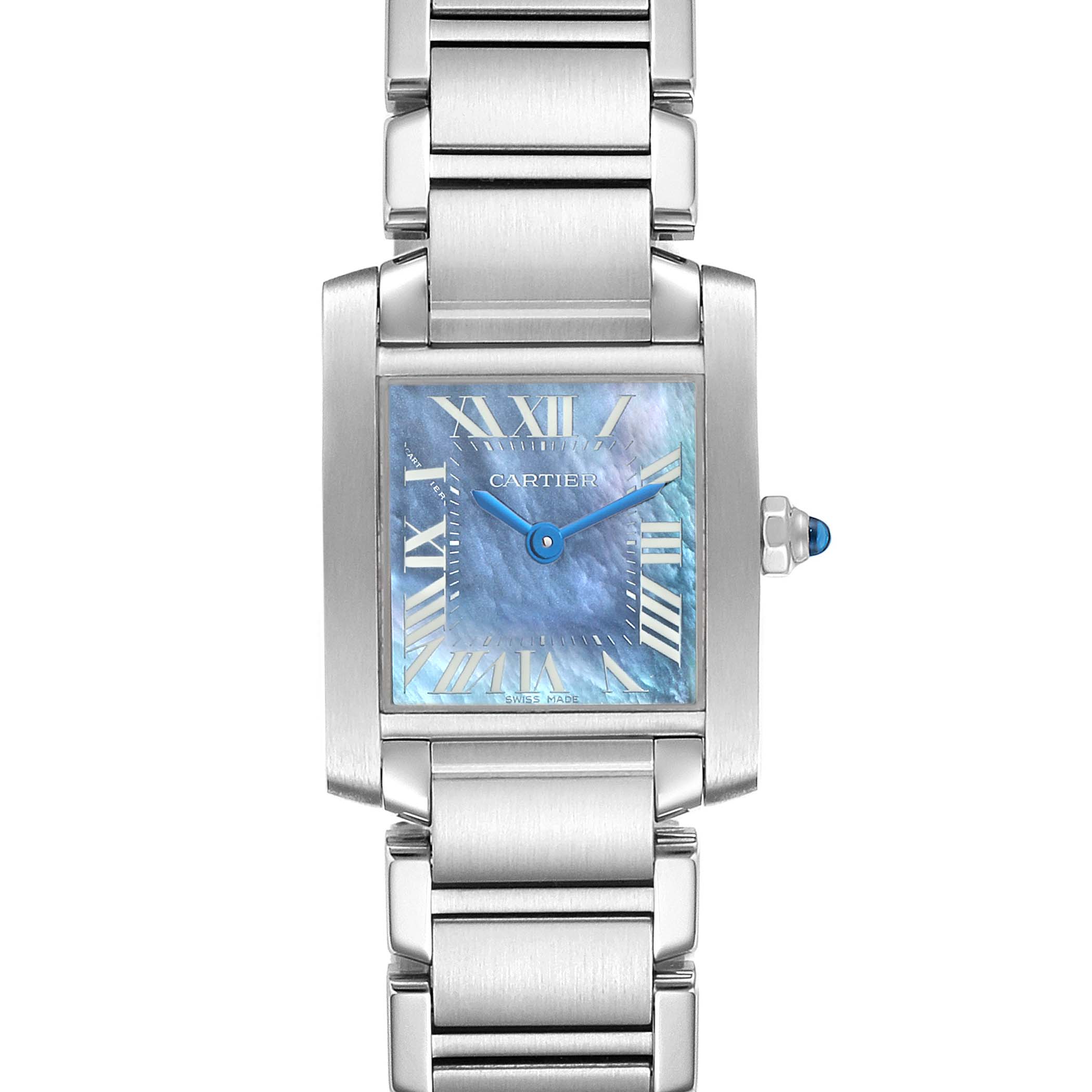 The Cartier Tank Française watch is shown in a front view, displaying its dial, case, bracelet, and crown.