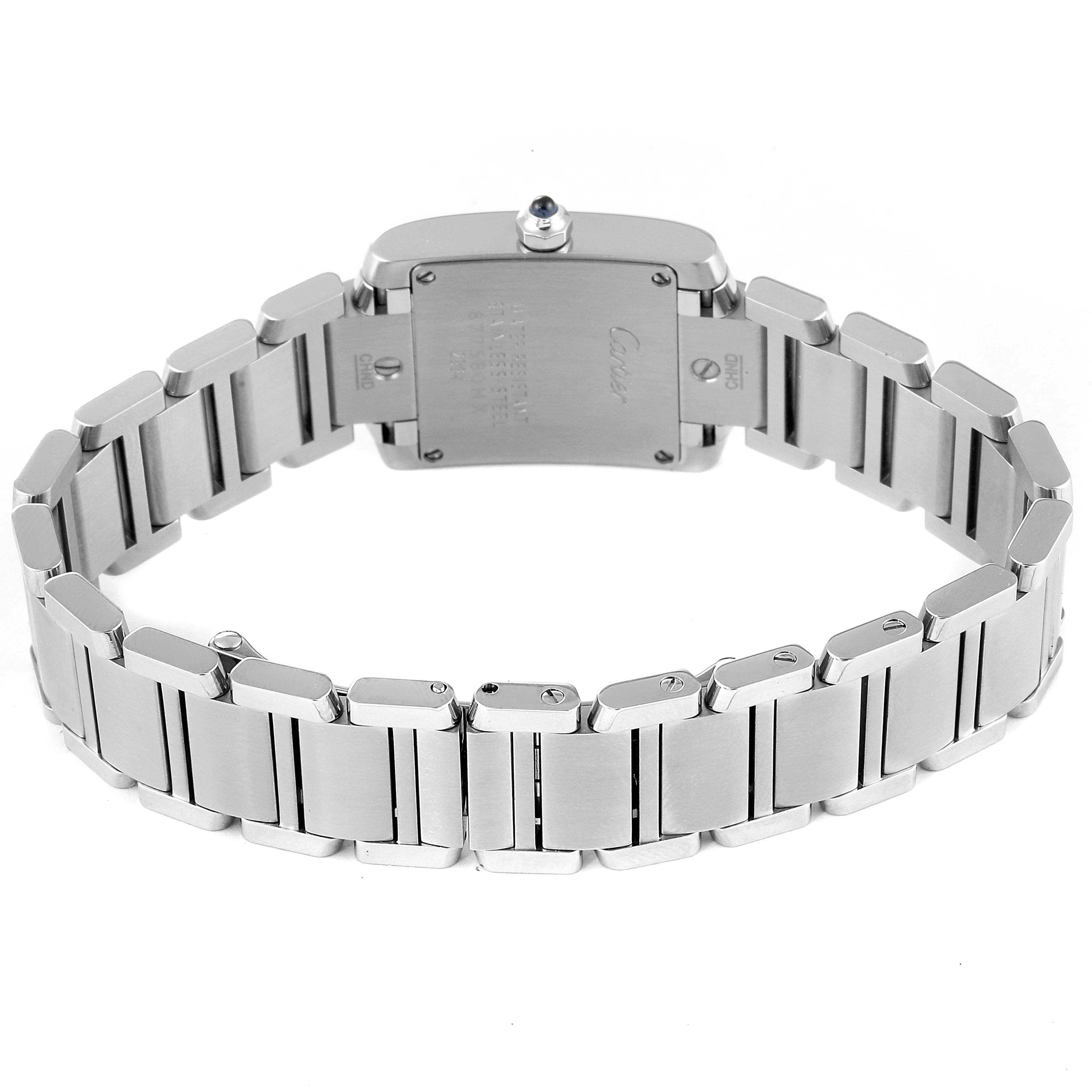 This image shows the back and bracelet of the Cartier Tank Francaise W51034Q3 Women
s Stainless Steel Mother of Pearl Dial W51034Q3 Women
s Stainless Steel Mother of Pearl Dial watch, highlighting its stainless steel links and case back.