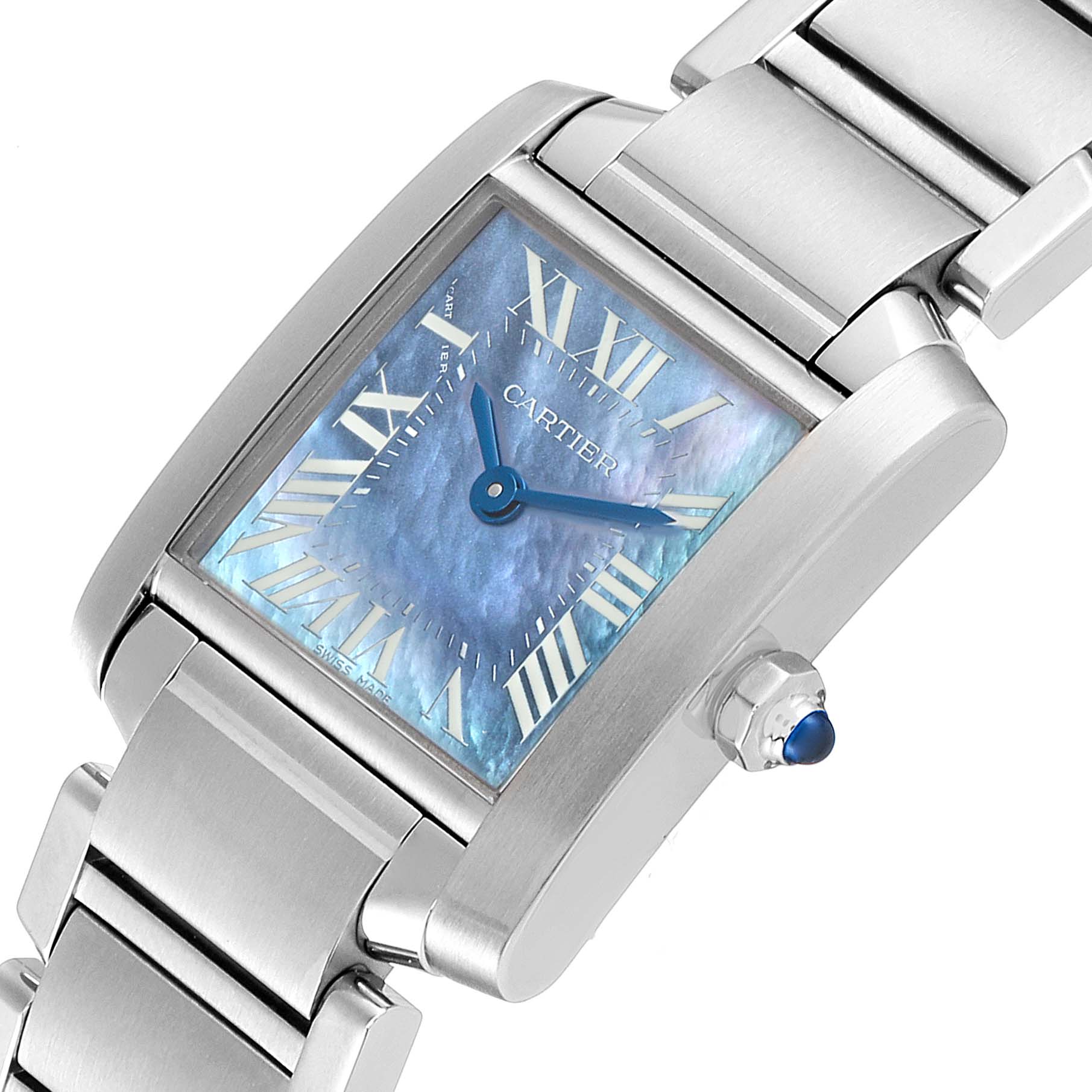 This image shows a close-up of the face and part of the bracelet of the Cartier Tank Française watch.