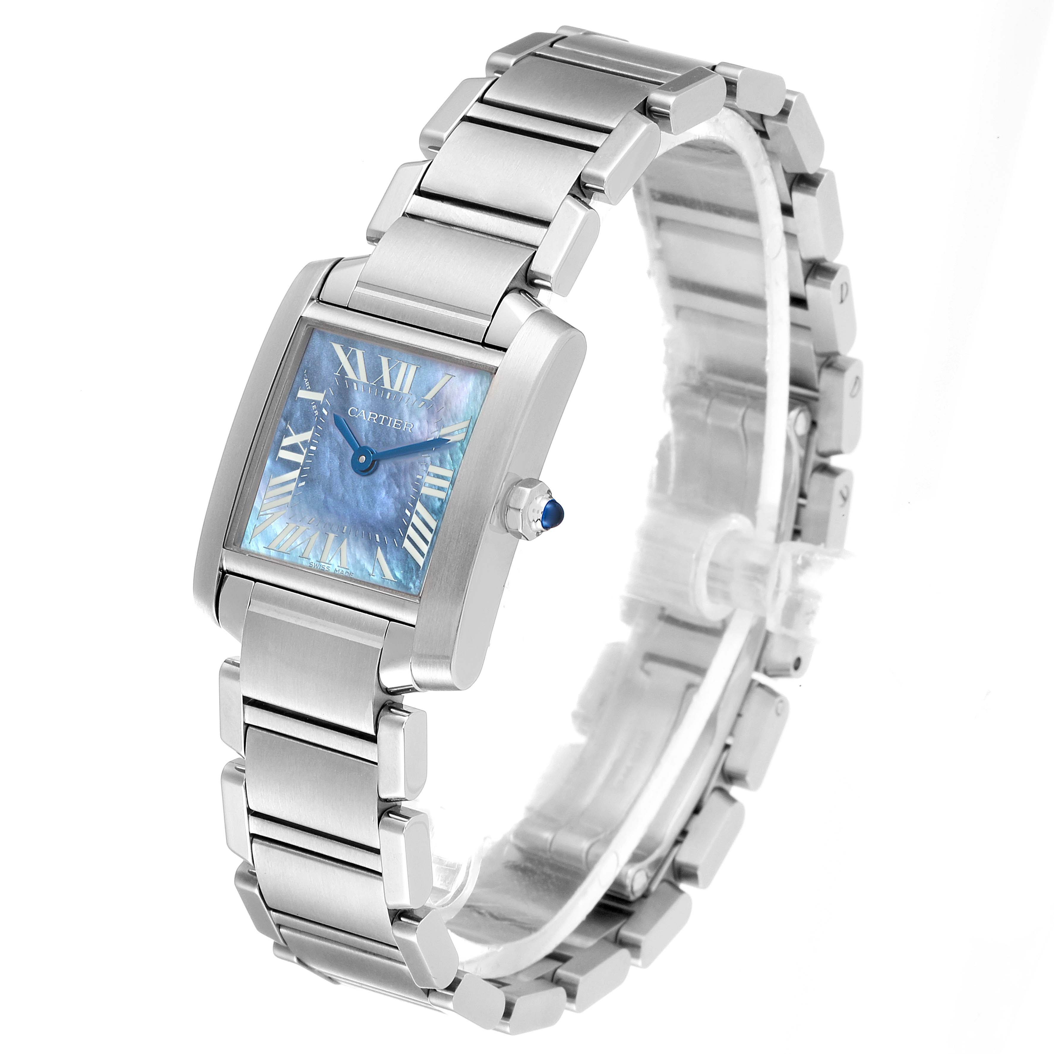 The image shows a side angle of a Cartier Tank Francaise W51034Q3 Women
s Stainless Steel Mother of Pearl Dial W51034Q3 Women
s Stainless Steel Mother of Pearl Dial watch, highlighting its rectangular face, metal bracelet, and crown with sapphire.