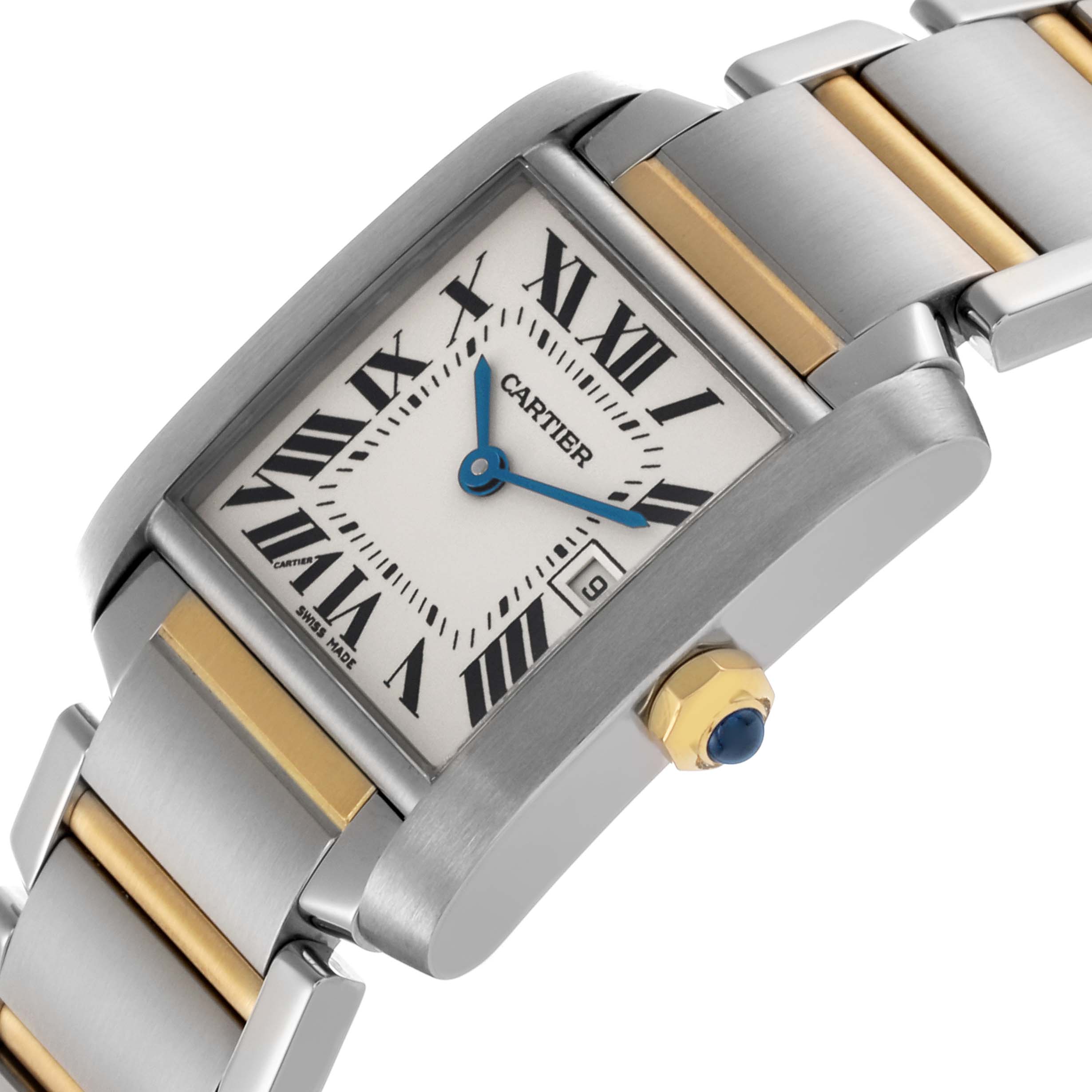 The Cartier Tank Française watch is shown at a tilted angle, highlighting the face, crown, and two-tone bracelet.
