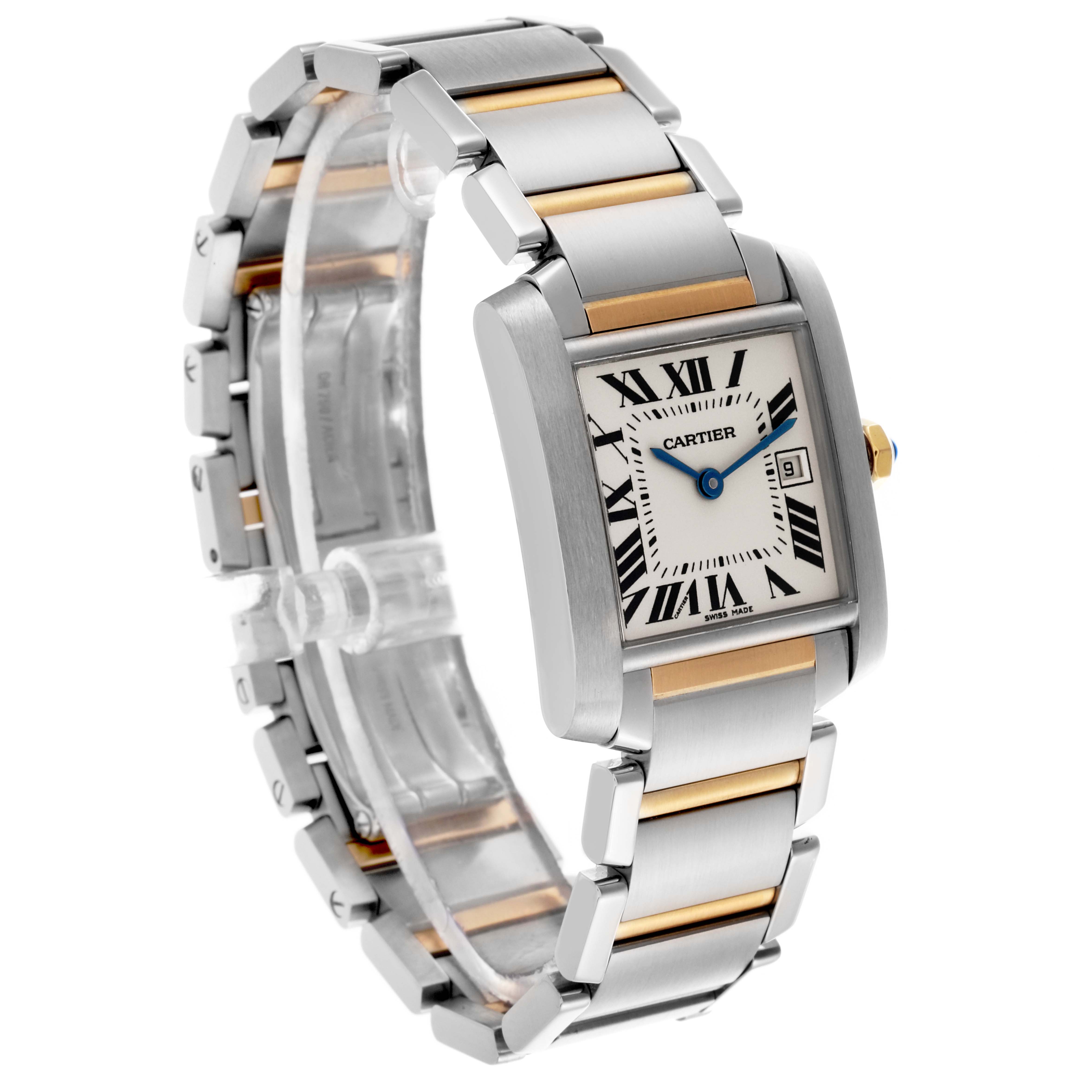 The Cartier Tank Francaise W51012Q4 Women's Steel and Gold (two tone) Silver Dial W51012Q4 Women's Steel and Gold (two tone) Silver Dial watch is shown at a three-quarter angle, highlighting its stainless steel and gold bracelet and rectangular face.