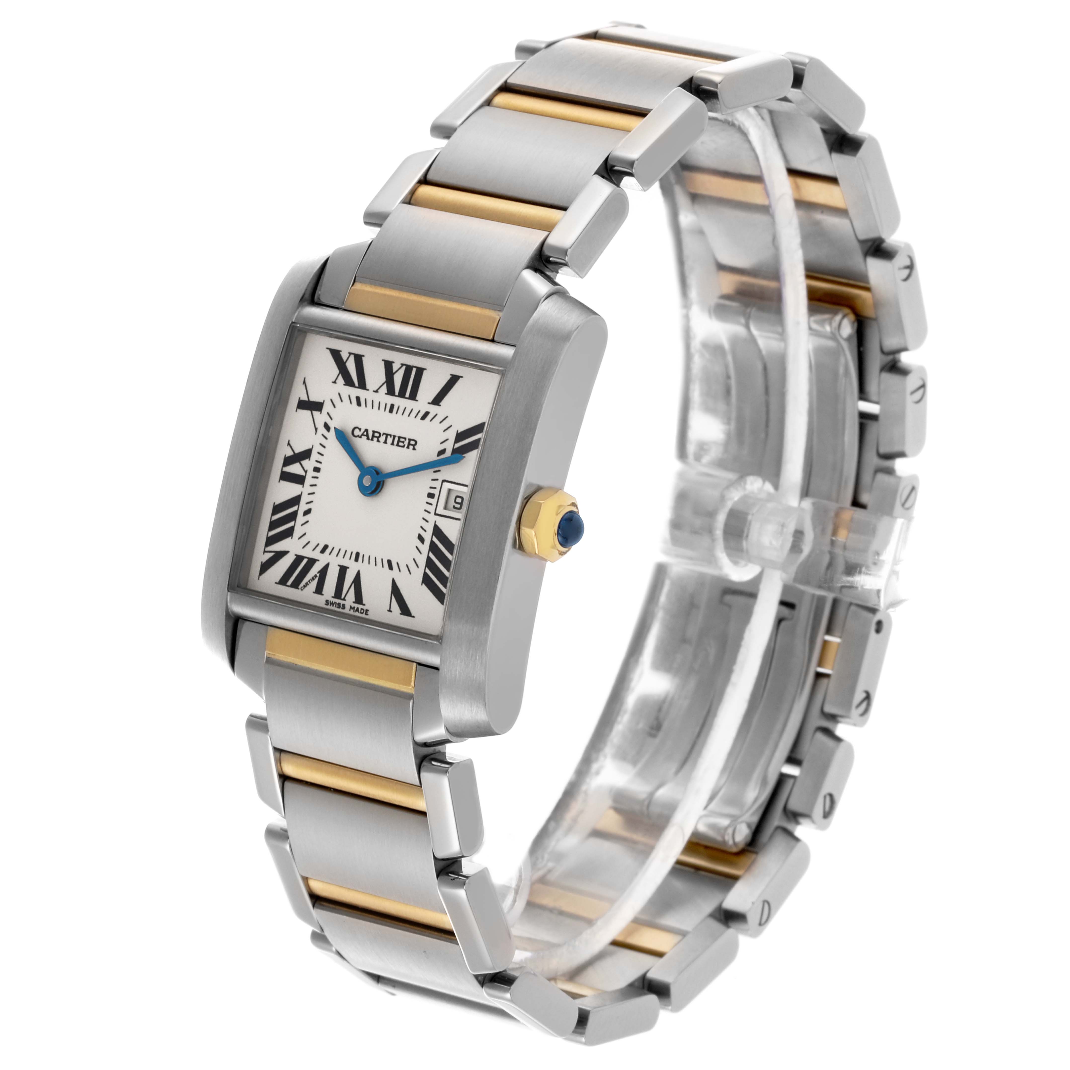 The Cartier Tank Française watch is shown angled to display the face, bracelet, and part of the side, highlighting its design.