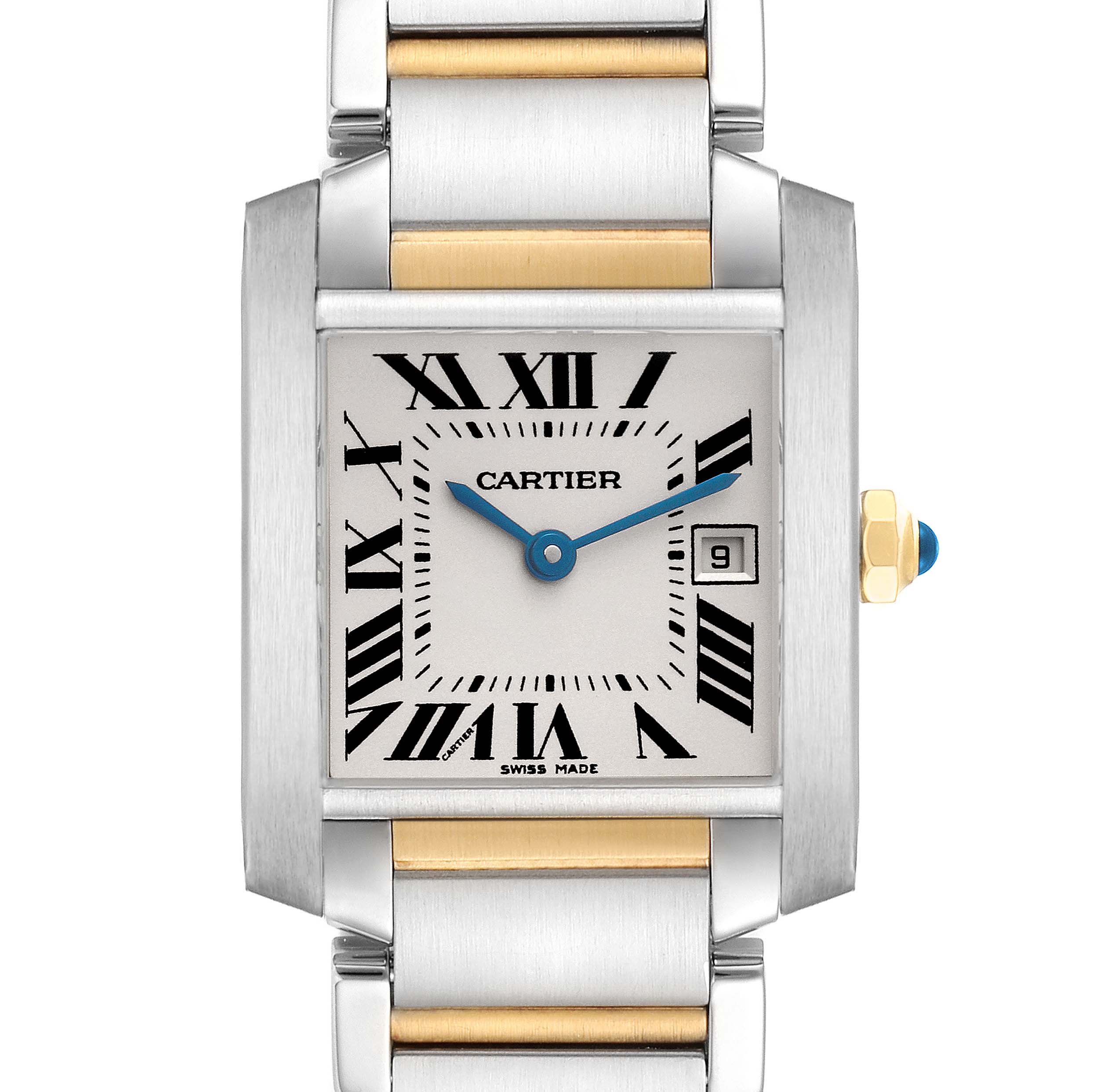 The Cartier Tank Francaise W51012Q4 Women's Steel and Gold (two tone) Silver Dial W51012Q4 Women's Steel and Gold (two tone) Silver Dial watch is shown from the front, highlighting the face, Roman numerals, and bi-metal bracelet.