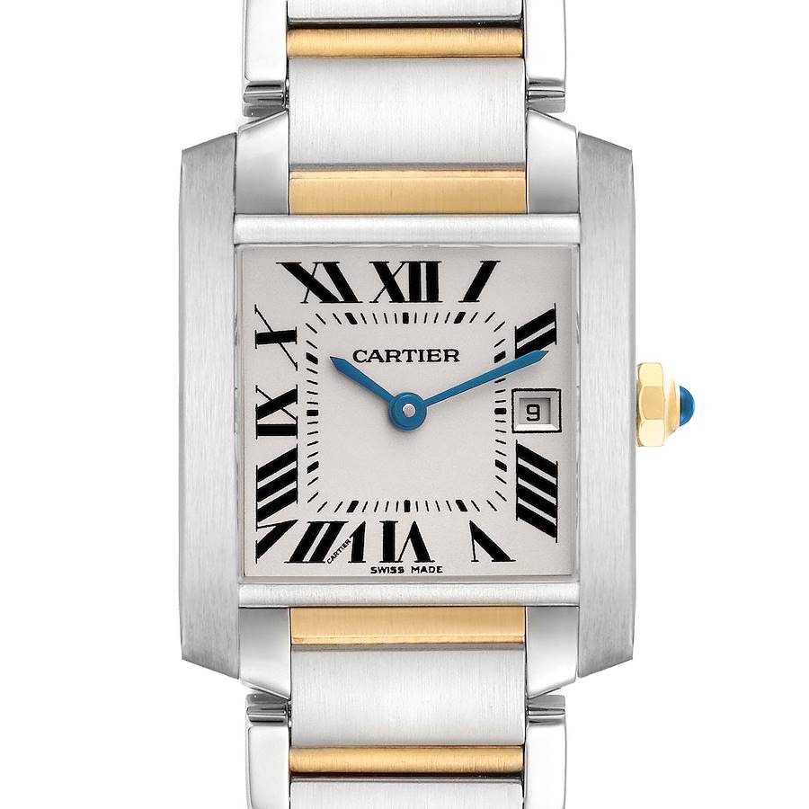 The Cartier Tank Francaise watch is shown from the front, highlighting the face, Roman numerals, and bi-metal bracelet.