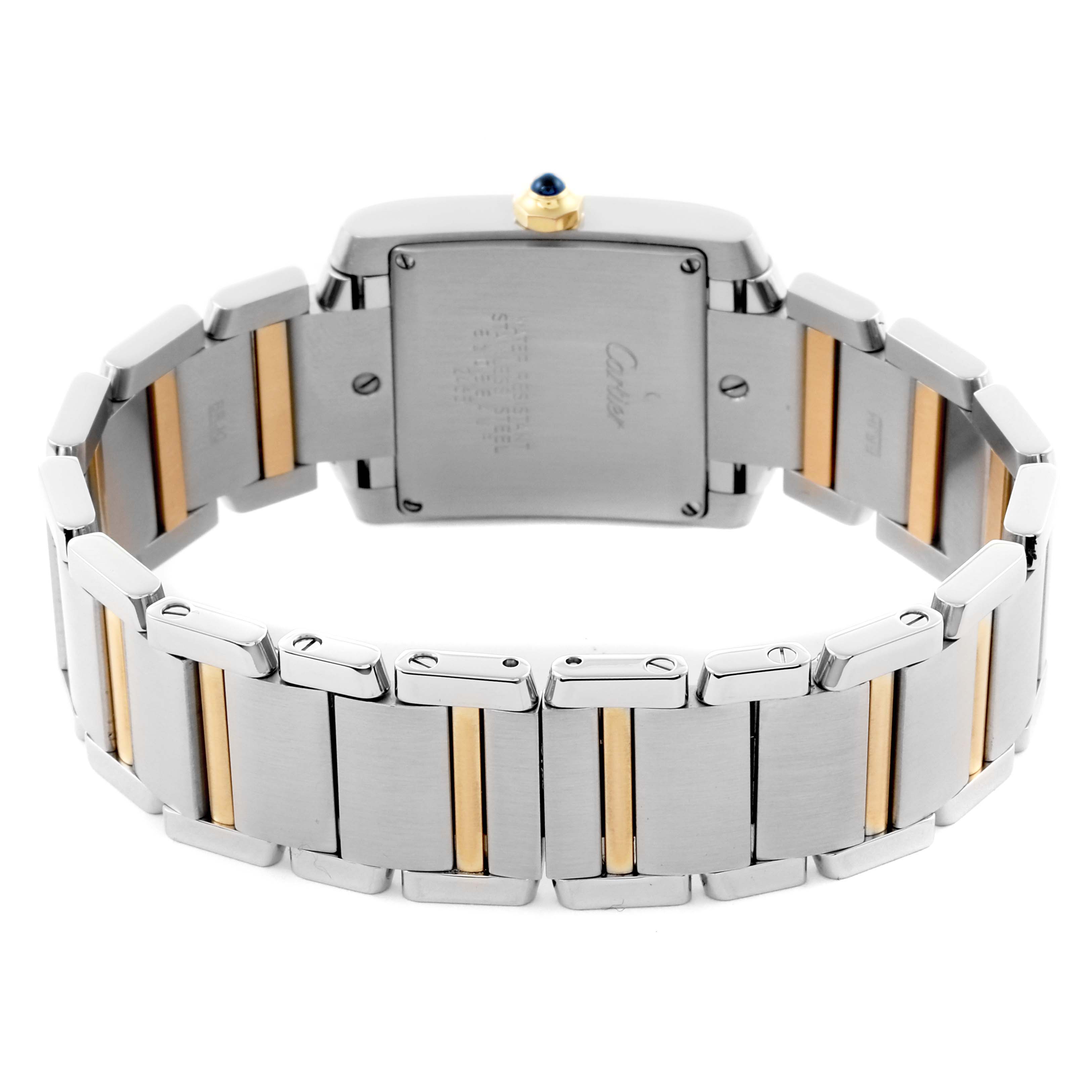 The Cartier Tank Francaise W51012Q4 Women's Steel and Gold (two tone) Silver Dial W51012Q4 Women's Steel and Gold (two tone) Silver Dial watch is shown from the back, highlighting the case back and two-tone metal bracelet.